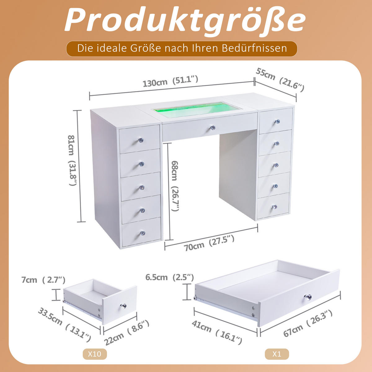 SCHMINKTISCH mit 11 Schubladen 130/55/81 CM und LED Beleuchtung Schminkspiegel 100 x 80 CM - Weiß, Holz/Metall (130/81/55cm) - VANITII