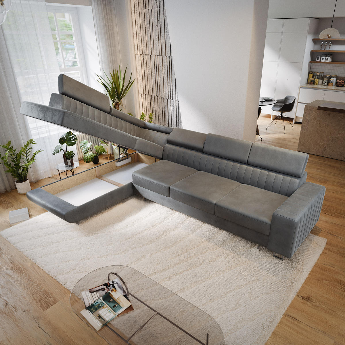 ECKSOFA HESTION Grau Velours-Stoff mit Schlaffunktion - Grau, Holz (332/190cm) - MASSENO