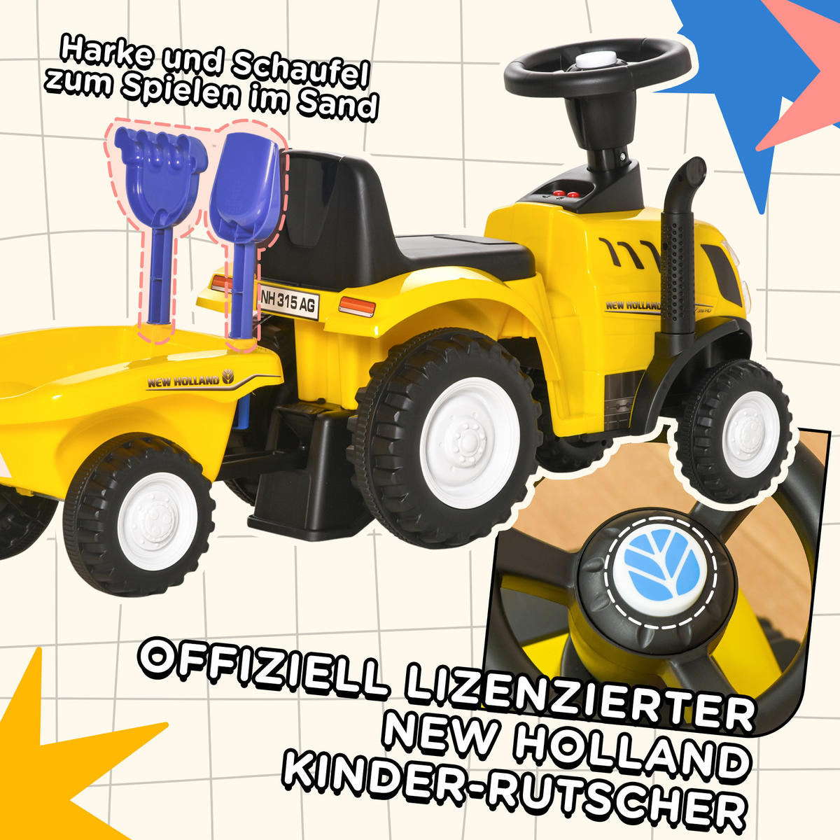 KINDER RUTSCHAUTO, Blau/Gelb, PP+ Metall - Gelb, Kunststoff (91/29/44cm) - HOMCOM