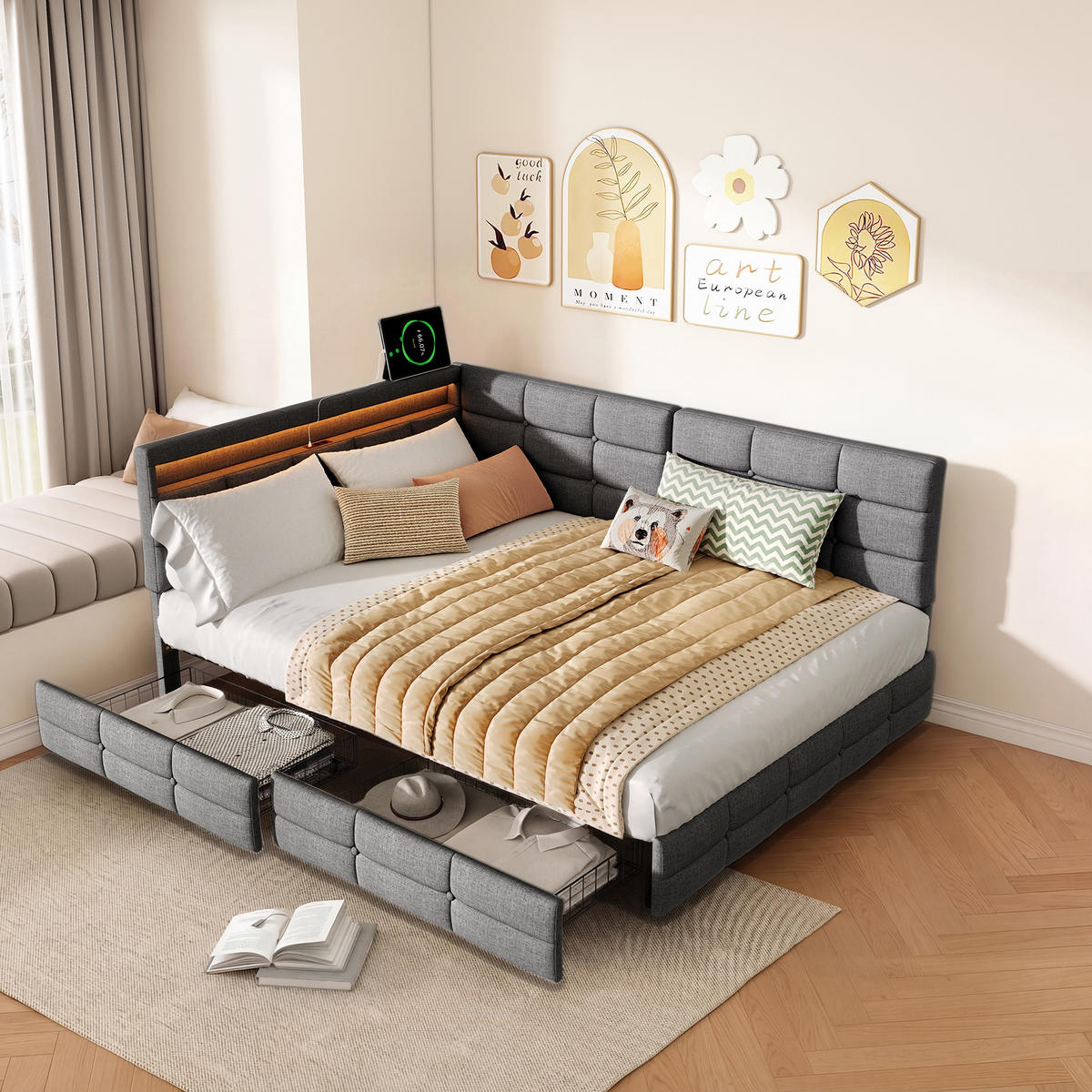 POLSTERBETT 140x190cm Tagesbett mit LED-Beleuchtung und Schublade – Leinen Grau - Grau, Textil (140/190cm) - DELFA