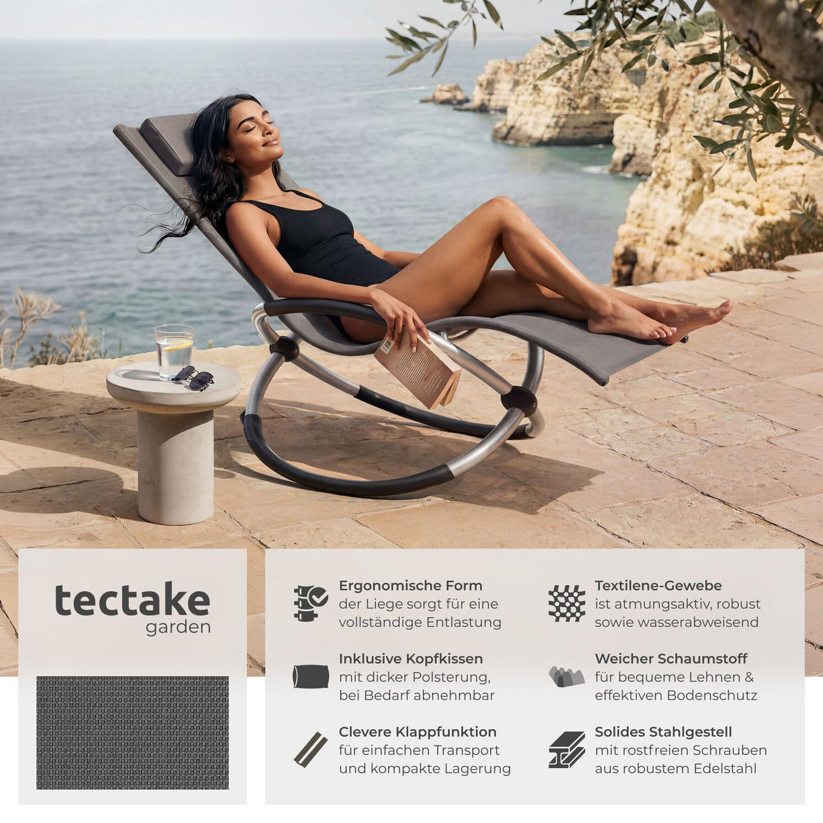 SONNENLIEGE Paulina, 150 x 73 x 93 cm, grau - Grau, Metall (73/93/150cm) - tectake