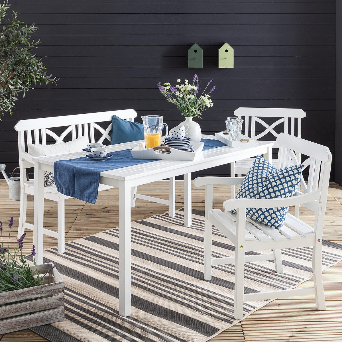 ESSGRUPPE - 4-teilig - Akazie massiv - Weiß - Weiß, Holz - home24