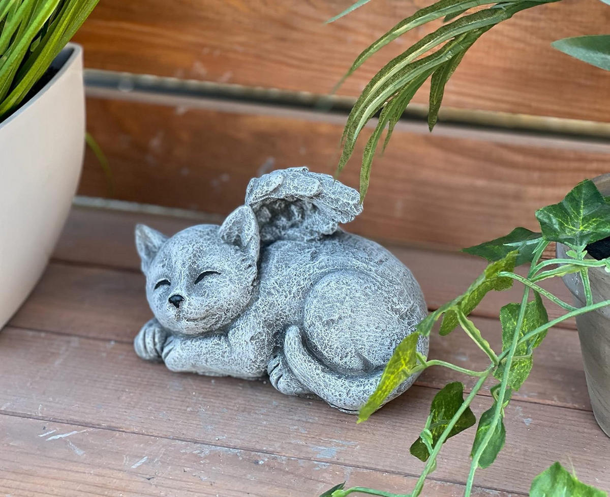 STEINFIGUR Katze mit Engelsflügeln frostfest winterfest Steinguss - Grau, Stein (14/9/10cm) - stoneandstyle