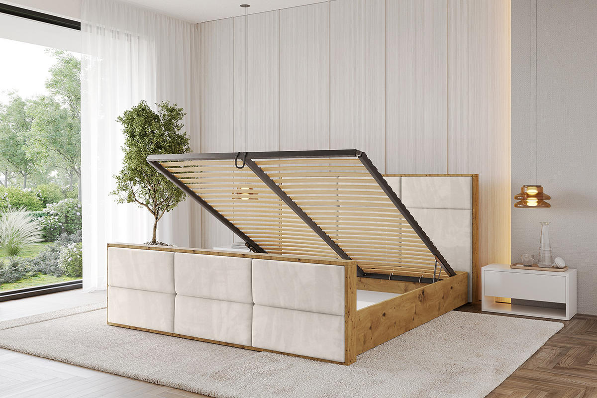 POLSTERBETT mit Bettkasten, Fußteil und Lattenrost, Boxbett mit Matratze H3/H4 - ENZO1-Z 120x200 Beige - Beige, Holzwerkstoff/Textil (120/200cm) - ALTDECOR