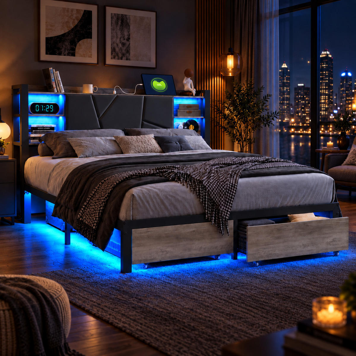 POLSTERBETT 140/200 cm mit LED & USB-Kopfteil und Schubladen, modernes Metallbett - Schwarz, Holz/Metall (140/200cm) - Joyfair
