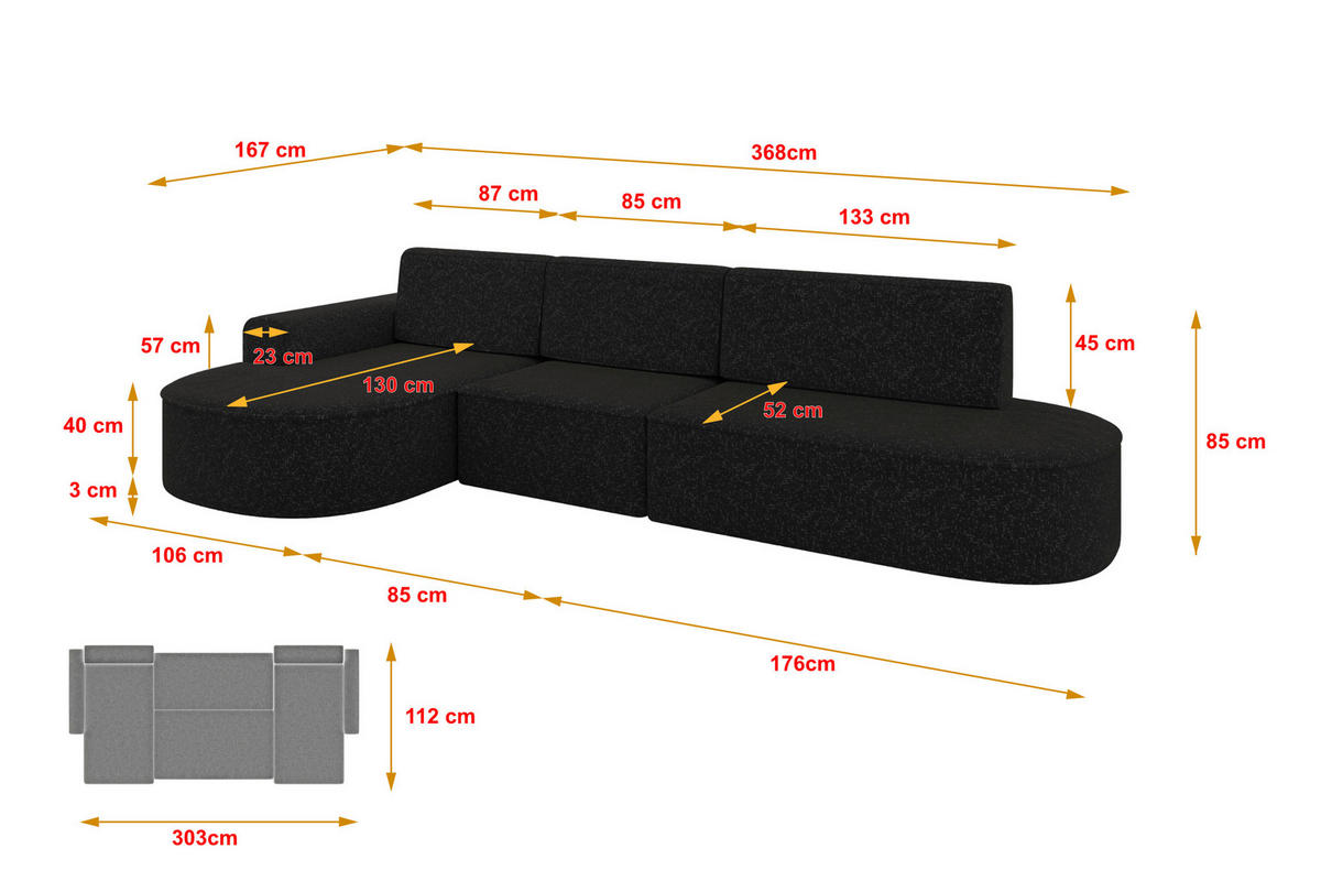 ECKSOFA mit Schlaffunktion Ottomane Links MARI L2-S 368X167X85 Schwarz Velours - Schwarz Hochglanz/Schwarz, Holzwerkstoff/Kunststoff (368/167cm) - ALTDECOR