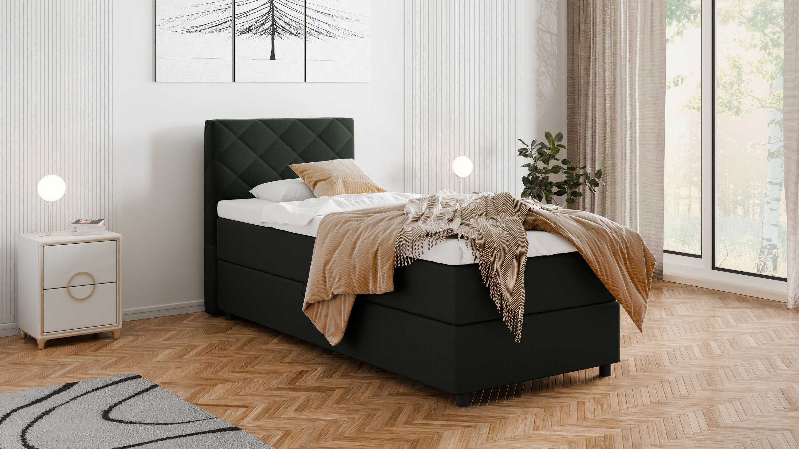 BOXBETT Diamaro 90x200 cm mit Bettkasten und Topper - Dunkelgrün - Grün, Holz (96/215cm) - Panda Möbel