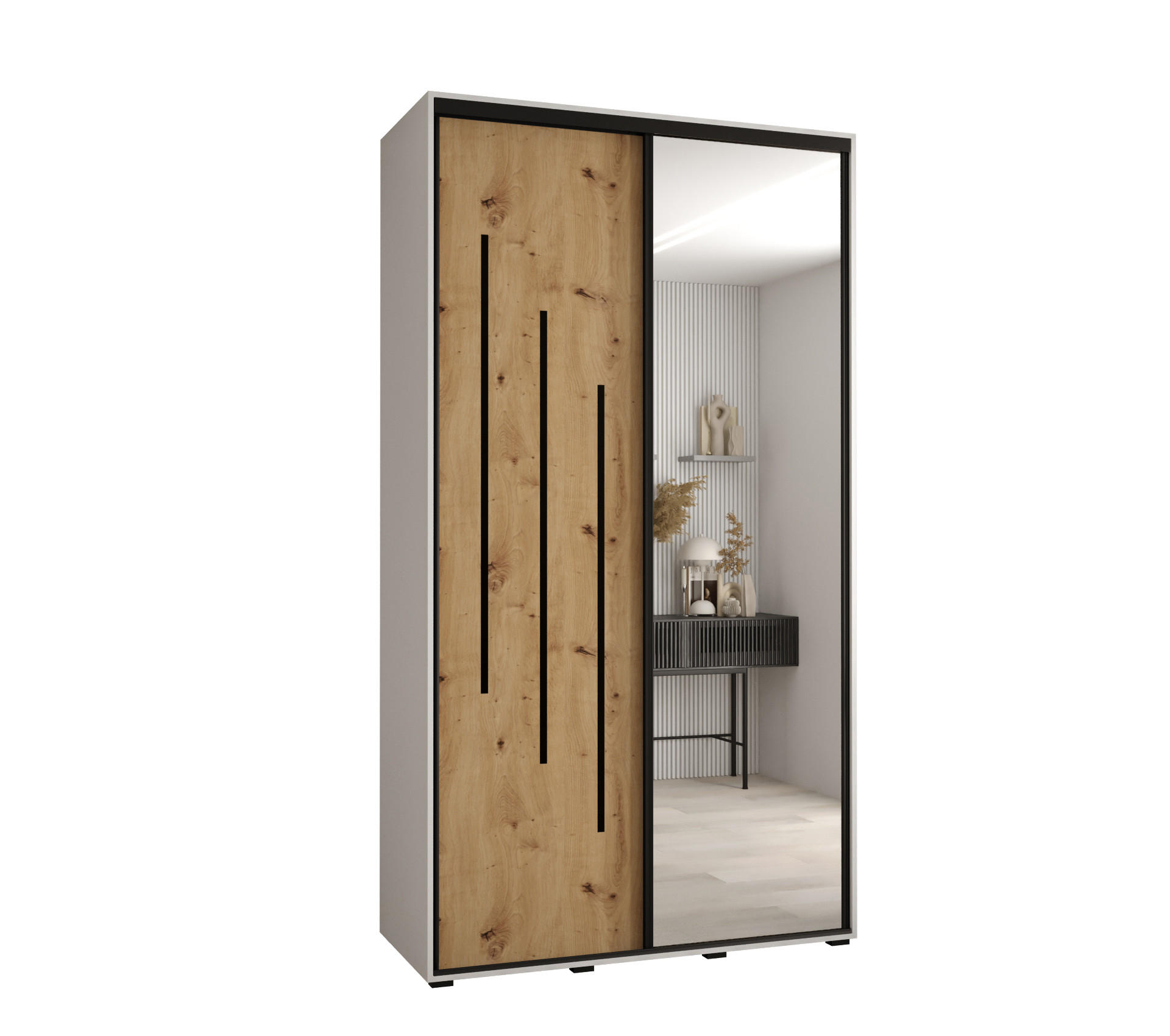 Abiks Möbel Schwebetürenschrank Weiß, Eiche Artisan, Schwarz 130x235x60 cm