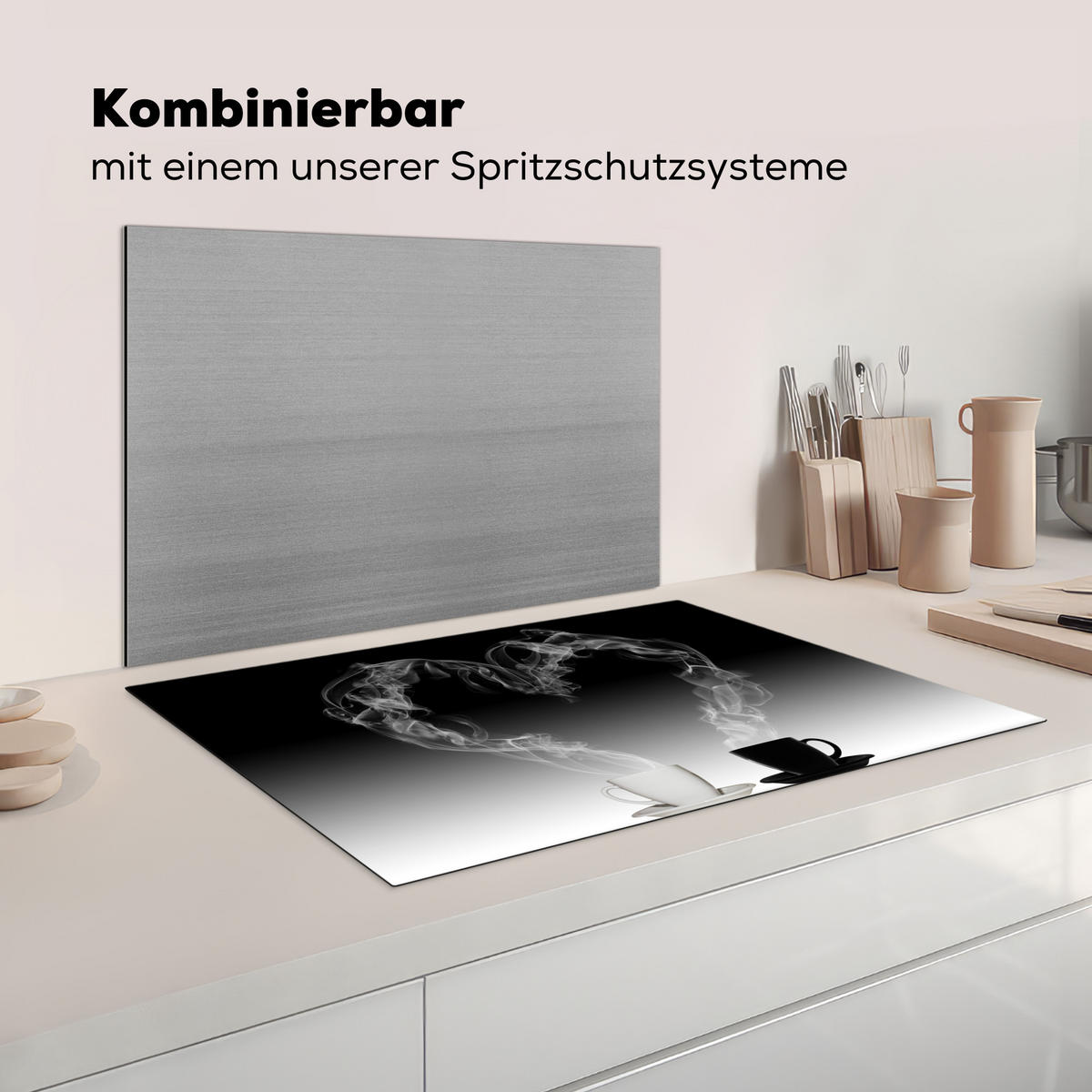 HERDABDECKPLATTE Kaffee - Herz - Schwarz und weiß - Tassen Ceranfeldabdeckung 80x52 cm - Weiß, Kunststoff (80/52/0.2cm) - MuchoWow