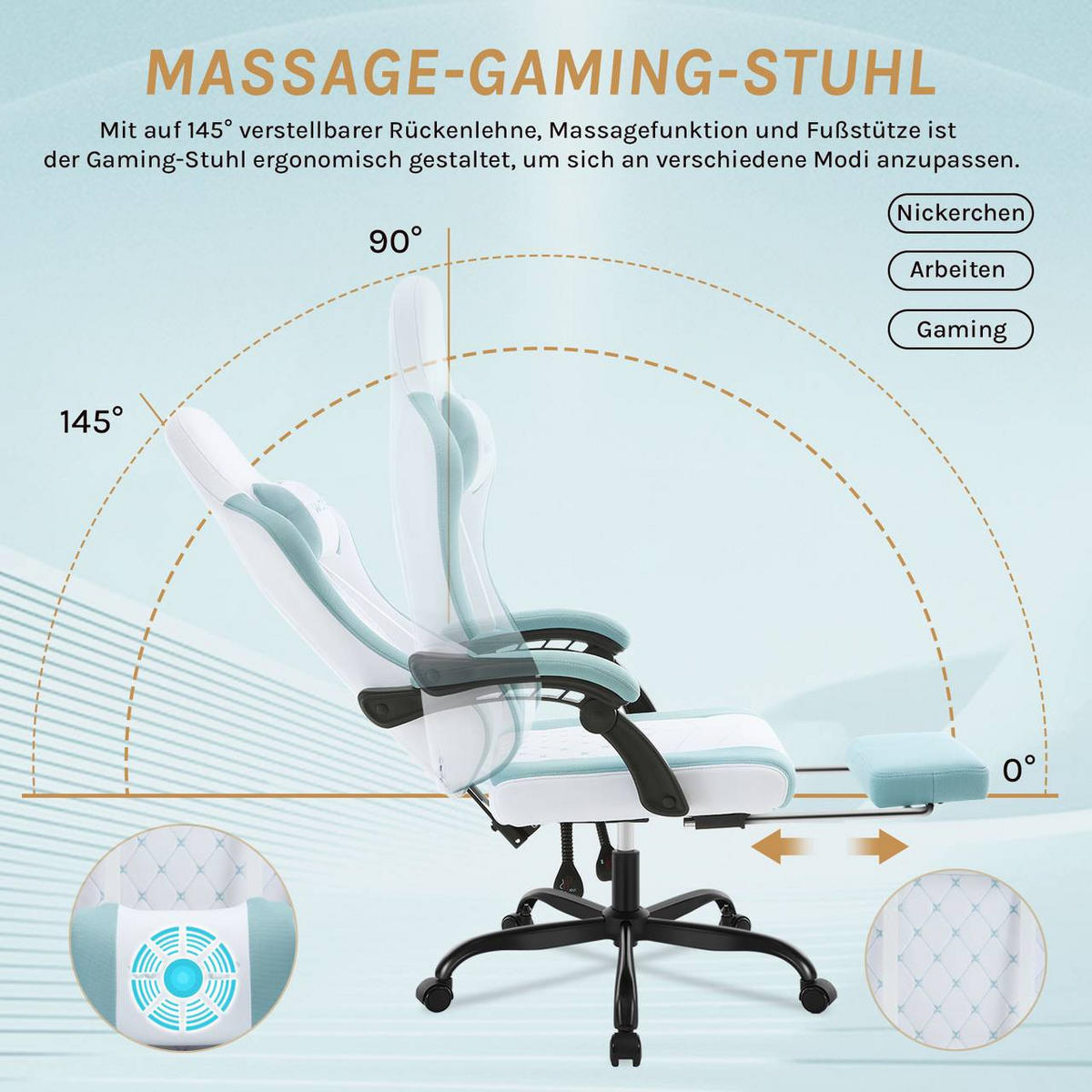 GAMINGSTUHL mit Massagefunktion, Netzstoff, Weiß+Blau - Blau/Schwarz, Textil/Metall (70/127/70cm) - Woltu