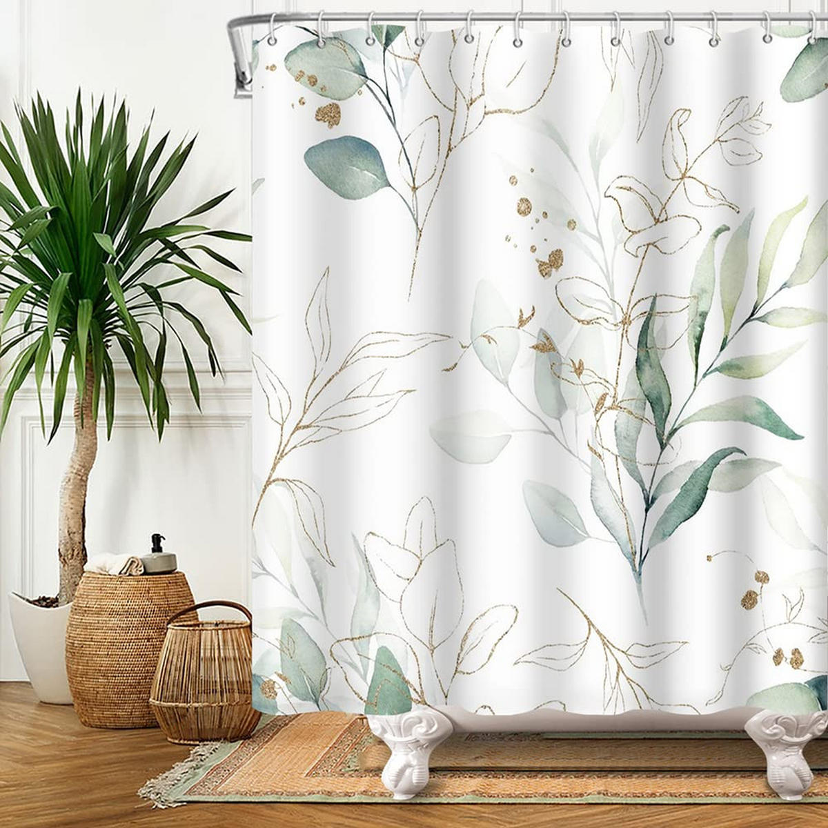 DUSCHVORHANG botanisch Muster 180 x 180 cm schimmelresistent wasserdicht blickdicht waschbar - Weiß, Textil (180/180cm) - MCBOSON