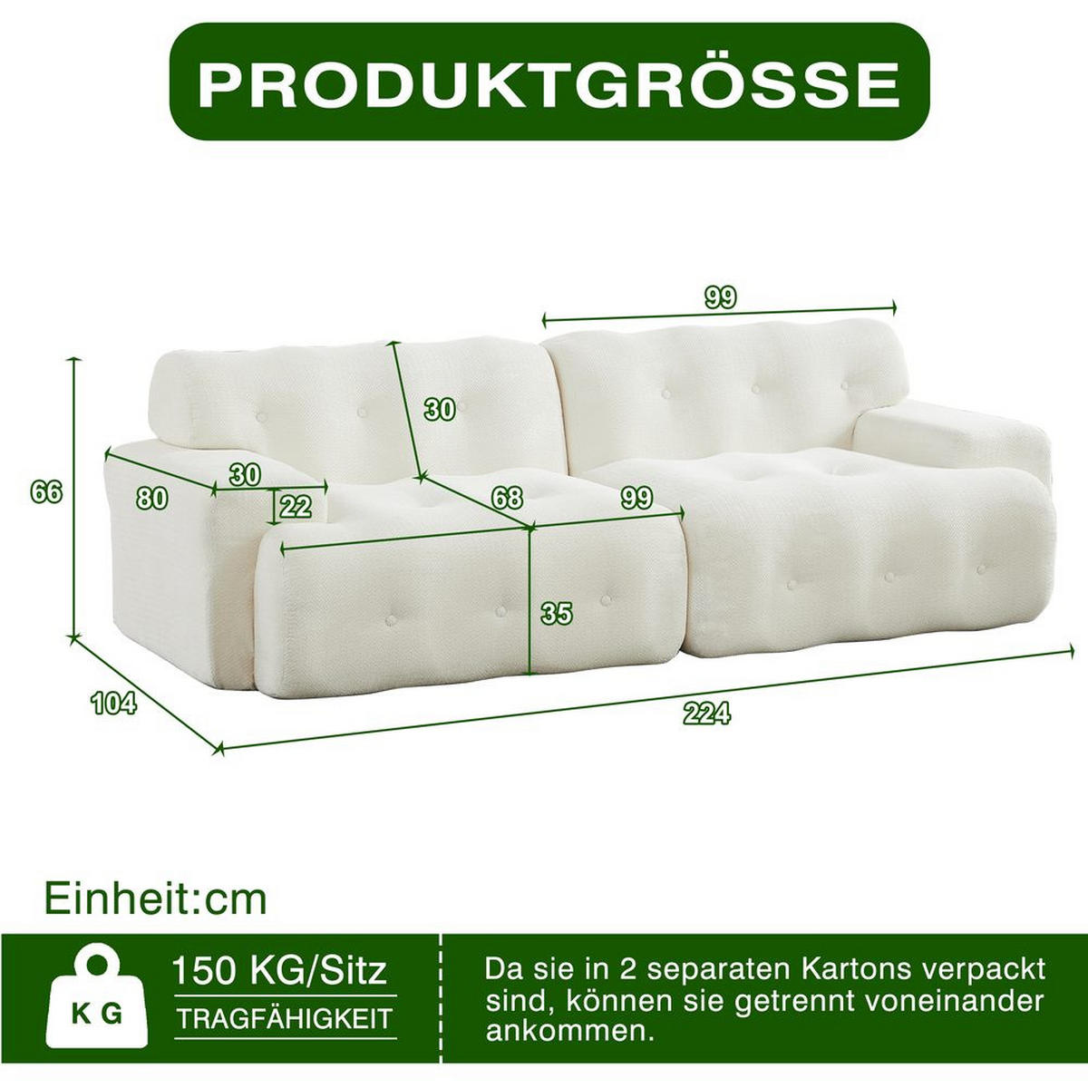 CLOUD-SOFA 2-SITZER, BREITE ARMLEHNEN, KNOPF-DESIGN - Beige, Textil (104/66/224cm)