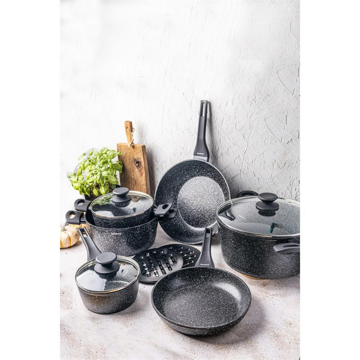 TOPFSET mit marmorierter Antihaftbeschichtung 12-teilig KB7659 - Schwarz, Metall - Klausberg 