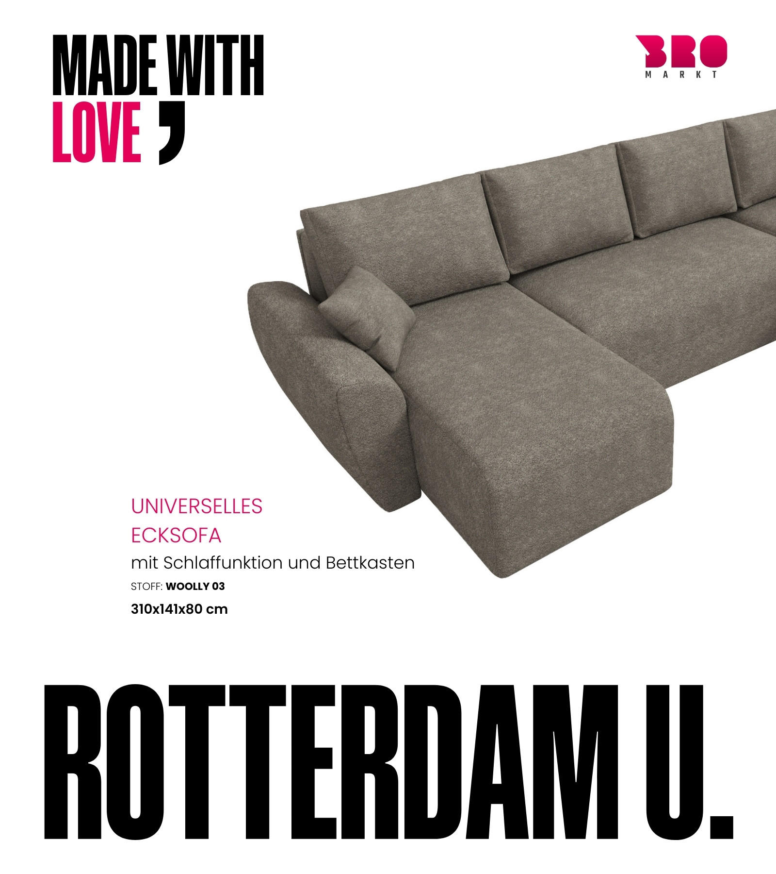WOHLANDSCHAFT Rotterdam U mit Schlaffunktion Braun Bouclé - Braun, Textil (310/80/141cm) - Bromarkt