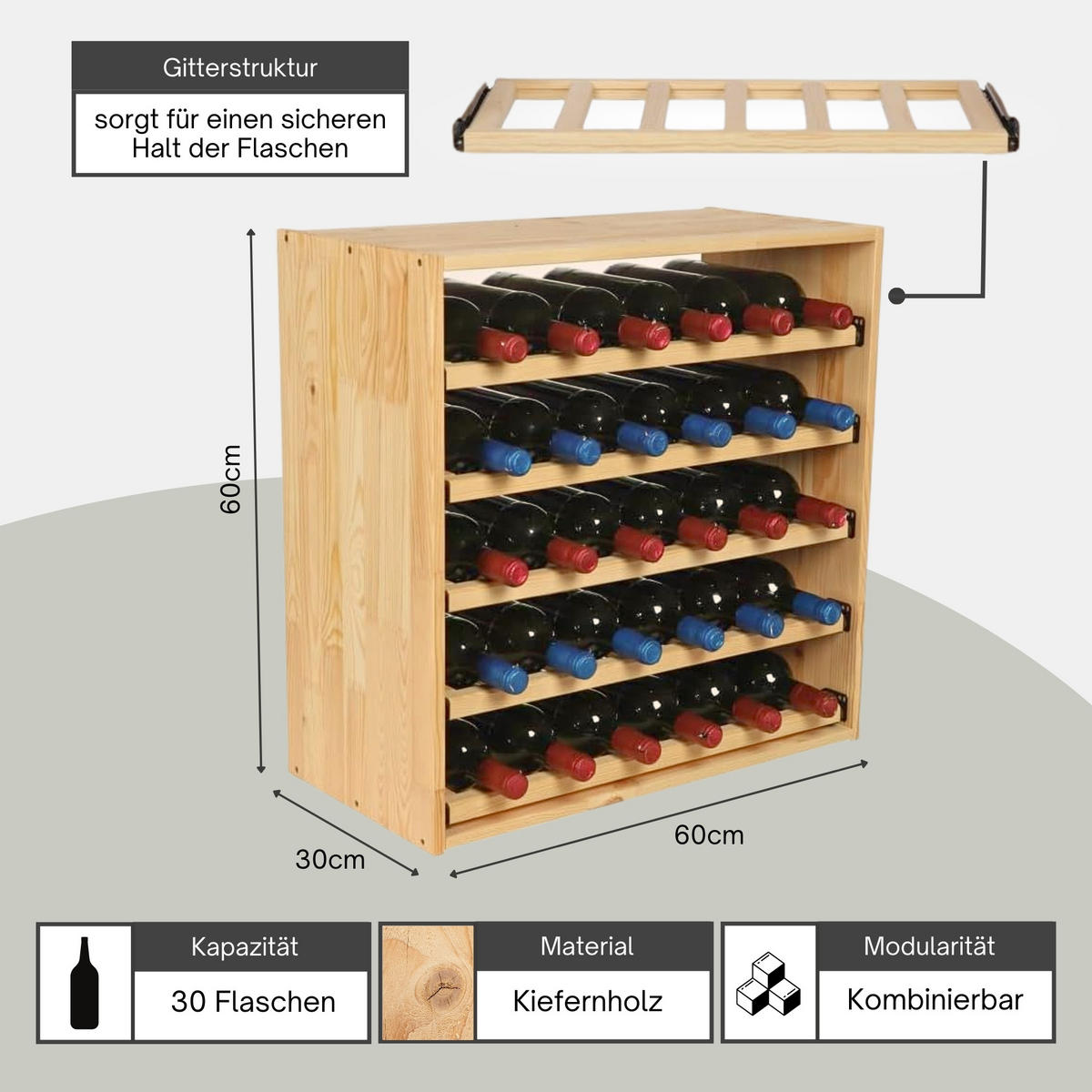 WEINREGAL Vincellar Mod 60x60x30 cm Auszug Modul Für 30 Flaschen mit Ausziehbaren Ebenen Massives Kiefernholz Natur - Naturfarben, Holz (60/60/30cm) - PROREGAL