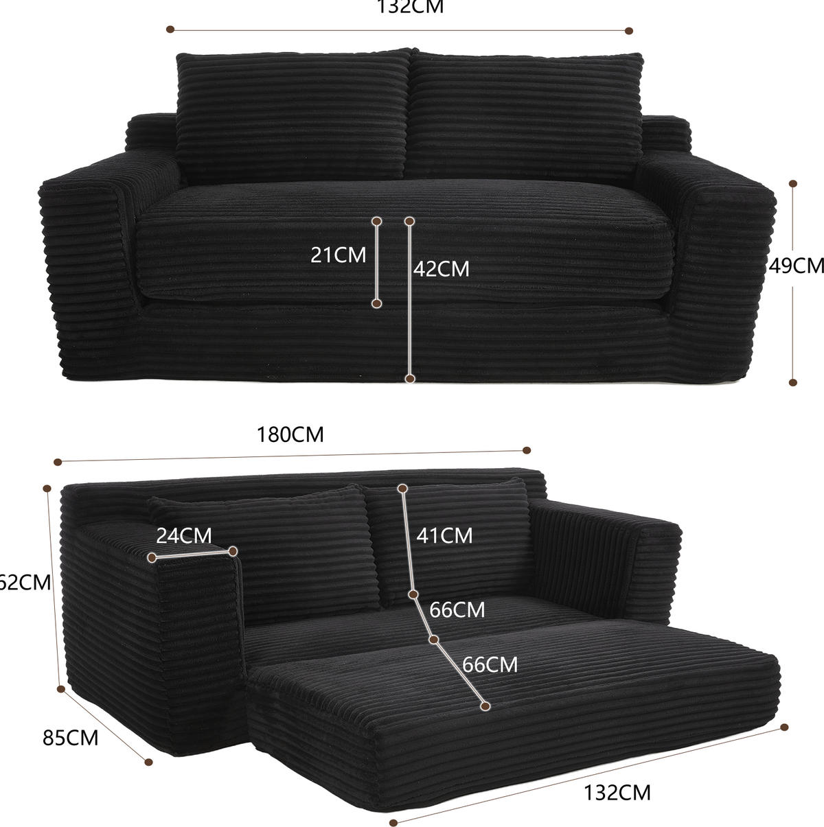 SCHLAFSOFA 2-in-1 ausklappbar Cord Schwarz - Schwarz, Holzwerkstoff (85/62/180cm) - Meubliv