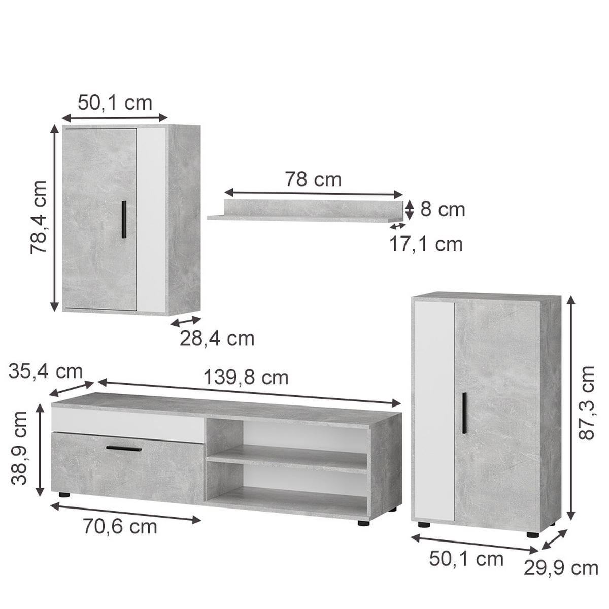 WOHNWAND Berno Beton/Weiß set, 4 Teile - Weiß/Grau, Holzwerkstoff (78/8/17.1cm) - Vicco