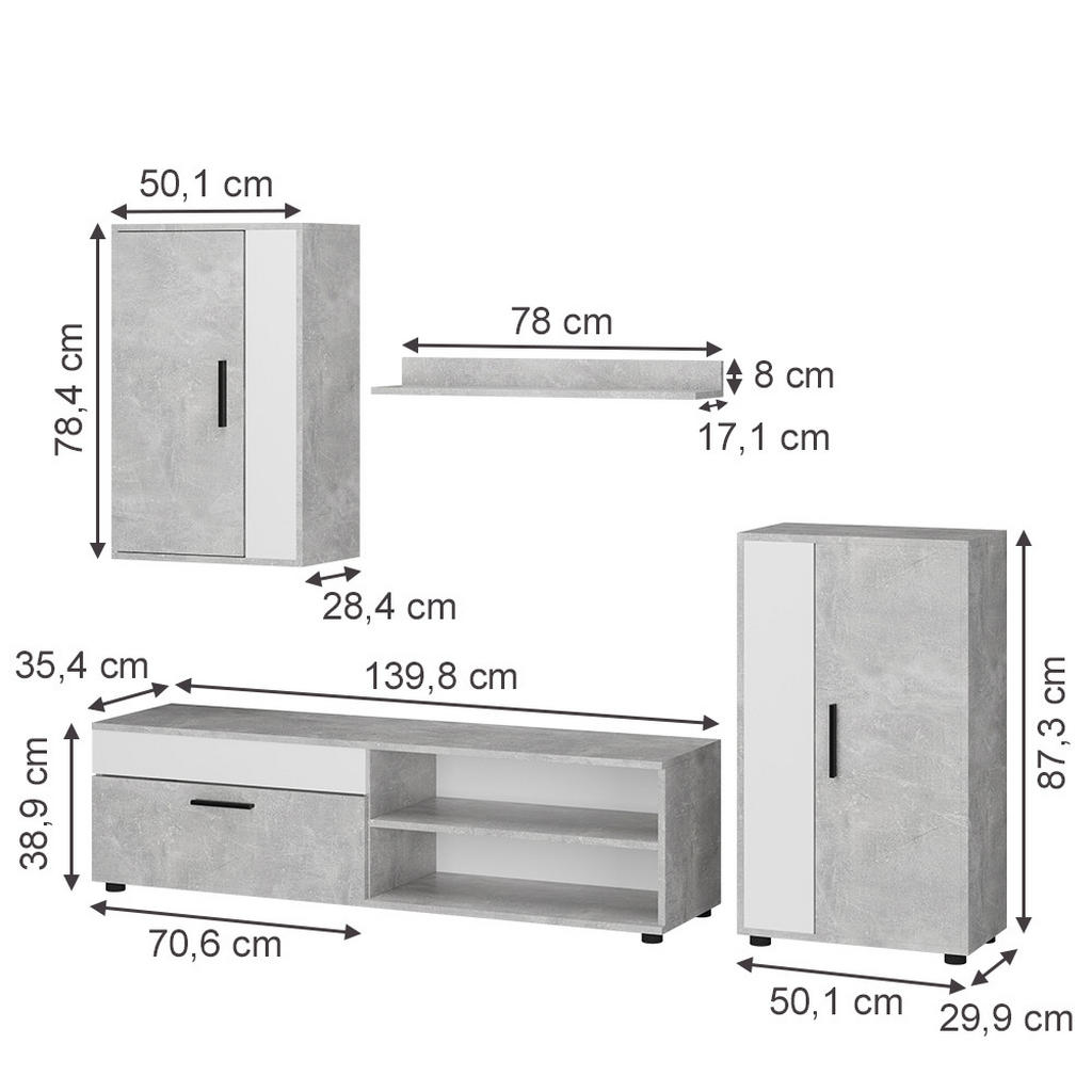 Thumbnail - Vicco Wohnwand, Grau, Weiß, Holzwerkstoff, Rechteckig, 78x8x17.1 cm, Wohnzimmer, Wohnwände, Wohnwand-Sets