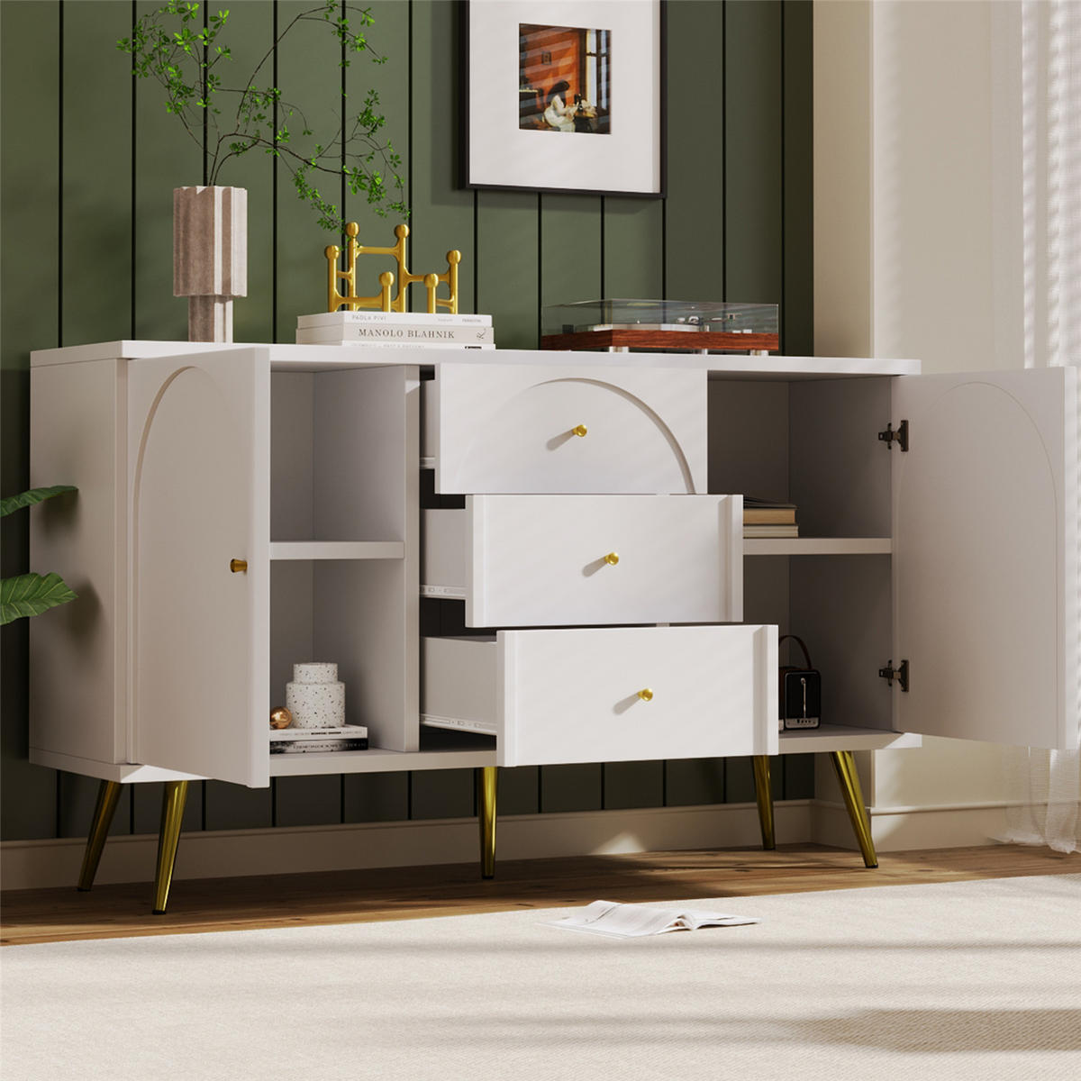 KOMMODE Cremeweiß 140x84x40 cm mit Ablagefächern - Weiß, Holz (40/84/140cm) - Kaket