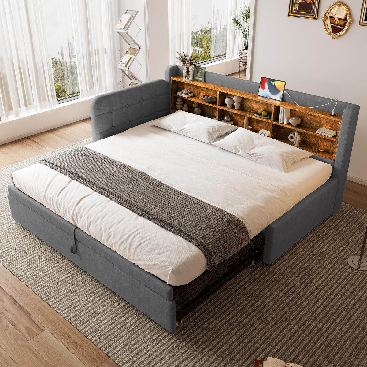ČALÚNENÁ posteľ z ľanu 90x200 cm sivá s výsuvným lôžkom, USB a USB-C portom, policami - sivá, textil (90/200cm) - Modfu
