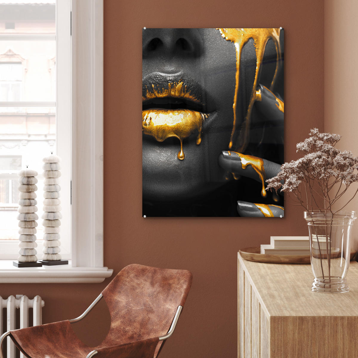 OBRAZ NA AKRYLOVOM SKLE Žena - čierna - zlatá - tvár - pery 60x80 cm - zlatá, sklo (60/80cm) - MuchoWow