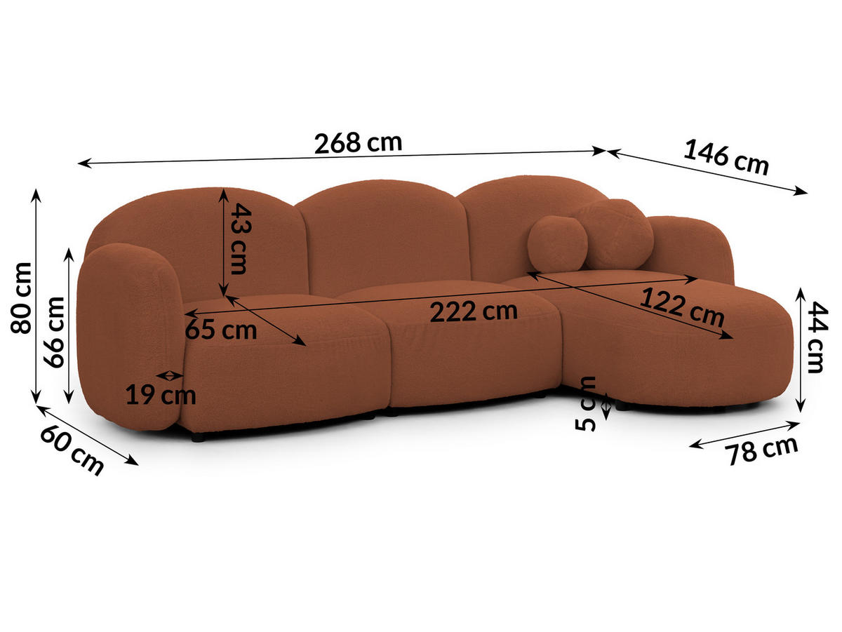 ECKSOFA Nuvola mit abgerundetem Design Terrakotta Bouclé-Stoff - Ottomane Rechts - Terra cotta/Schwarz, Holz/Kunststoff (268/146cm) - S-Style Möbel