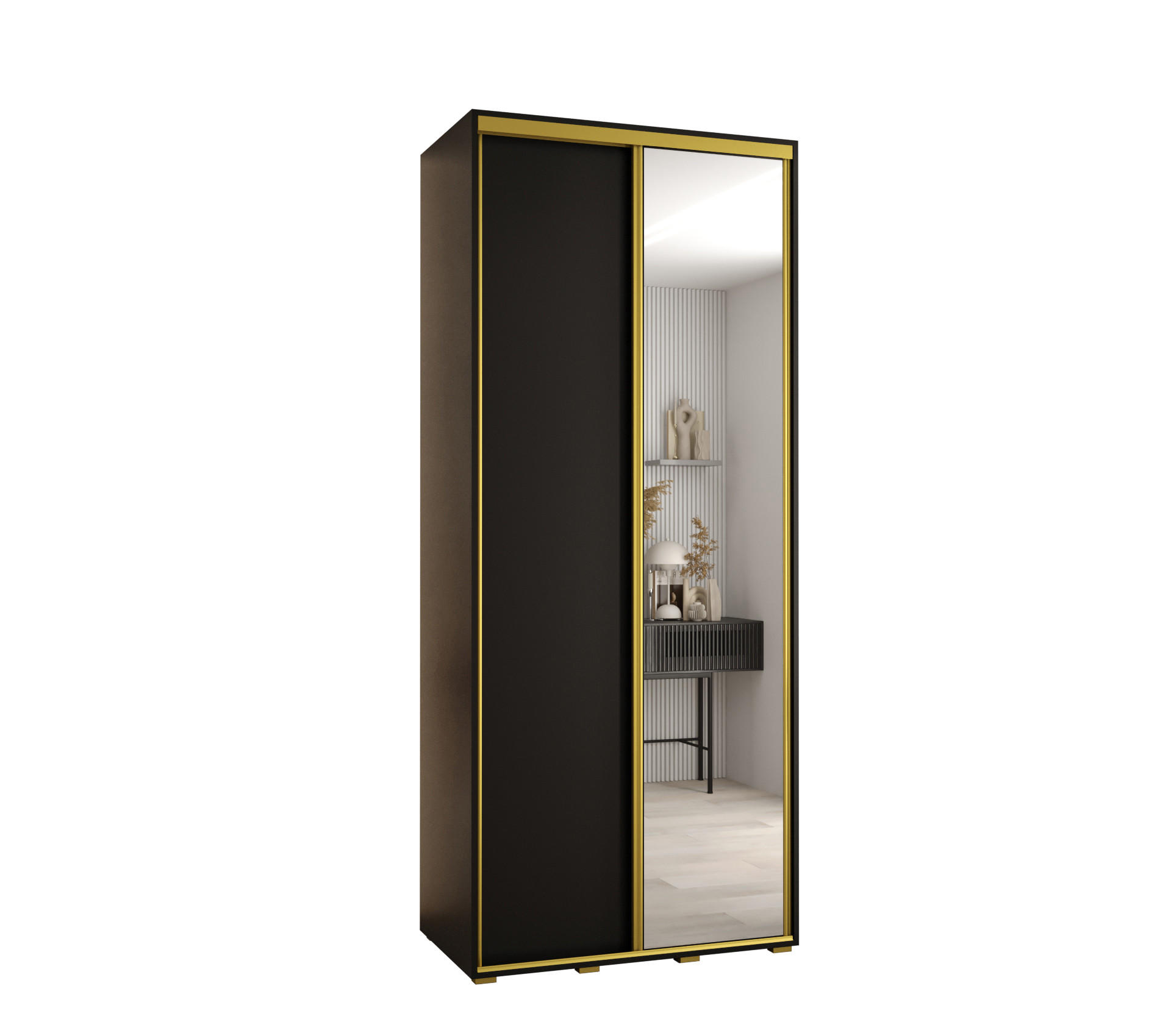 Abiks Möbel Schwebetürenschrank Schwarz, Schwarz, Gold 120x235x45 cm