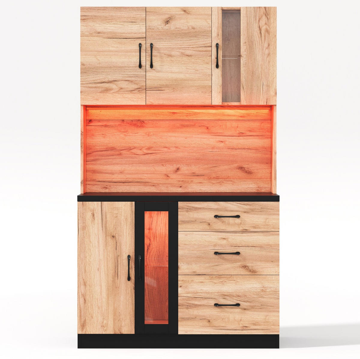 BUFFET aus MDF 105x40x180 cm in Holzoptik/Schwarz mit LED, USB, Steckdosen und verstellbaren Einlegeböden - Naturfarben, Holzwerkstoff (105/180/40cm) - Modfu