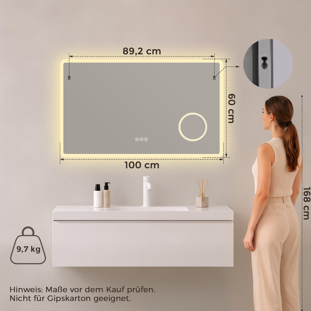 BADSPIEGEL mit Beleuchtung 60/100 cm rechteckig LED, Bluetooth, Vergrößerungsspiegel, Antibeschlag - Transparent, Glas (100/60/3.5cm) - S'AFIELINA