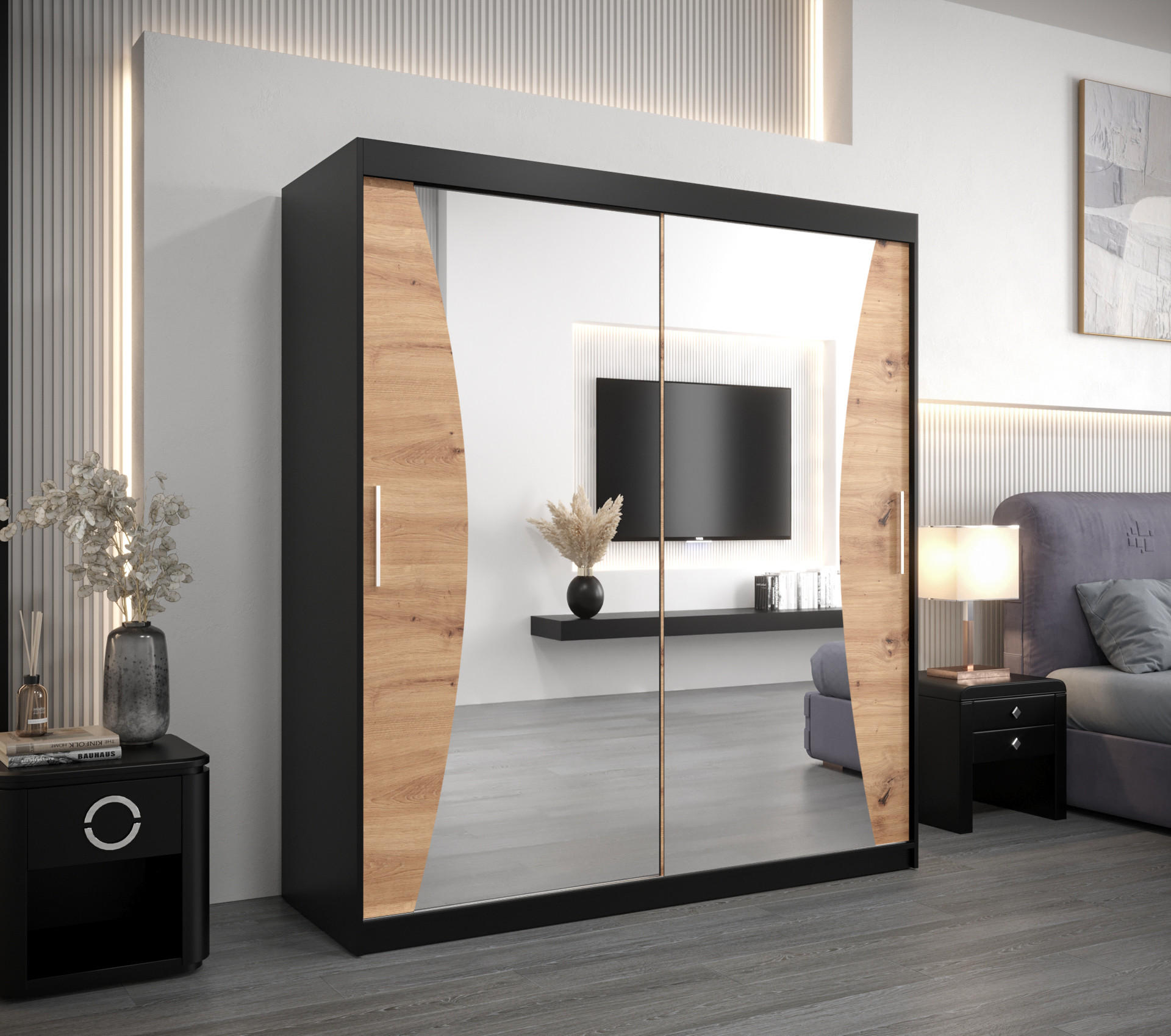 SCHWEBETÜRENSCHRANK 200/180/62 2-türig - Silberfarben/Schwarz, Holz/Kunststoff (180/200/62cm) - Abiks Möbel