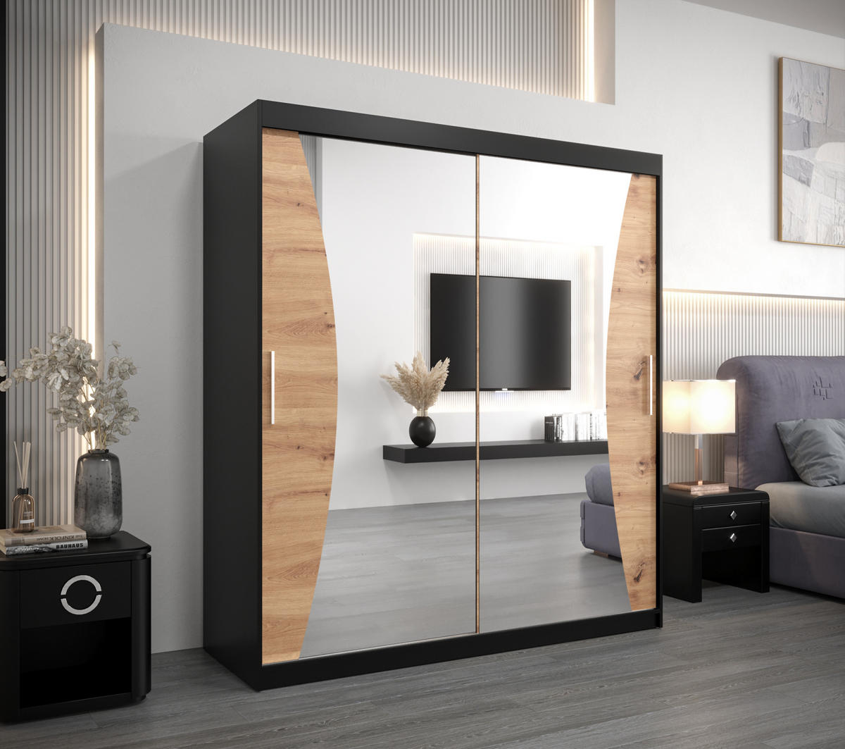 SCHWEBETÜRENSCHRANK 200/180/62 2-türig - Silberfarben/Schwarz, Holz/Kunststoff (180/200/62cm) - Abiks Möbel