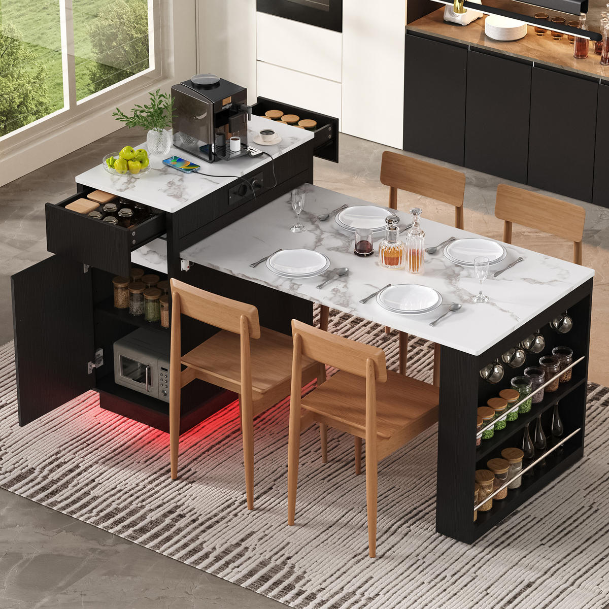 KÜCHENINSEL ausziehbar 58-154/80,5/94 cm mit LED DE-39572 Schwarz - Schwarz, Holzwerkstoff (80.5/94/58cm) - ComfortXL