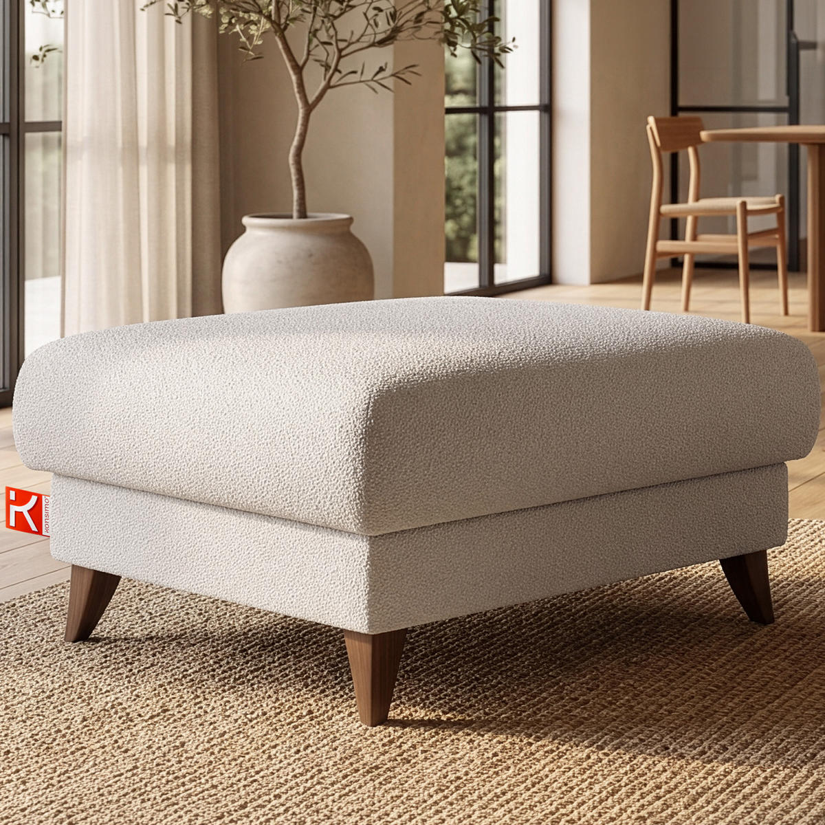 HOCKER GUSTAVO Bouclé, Weiß - Weiß, Holz/Holzwerkstoff (92/49/92cm) - KONSIMO®