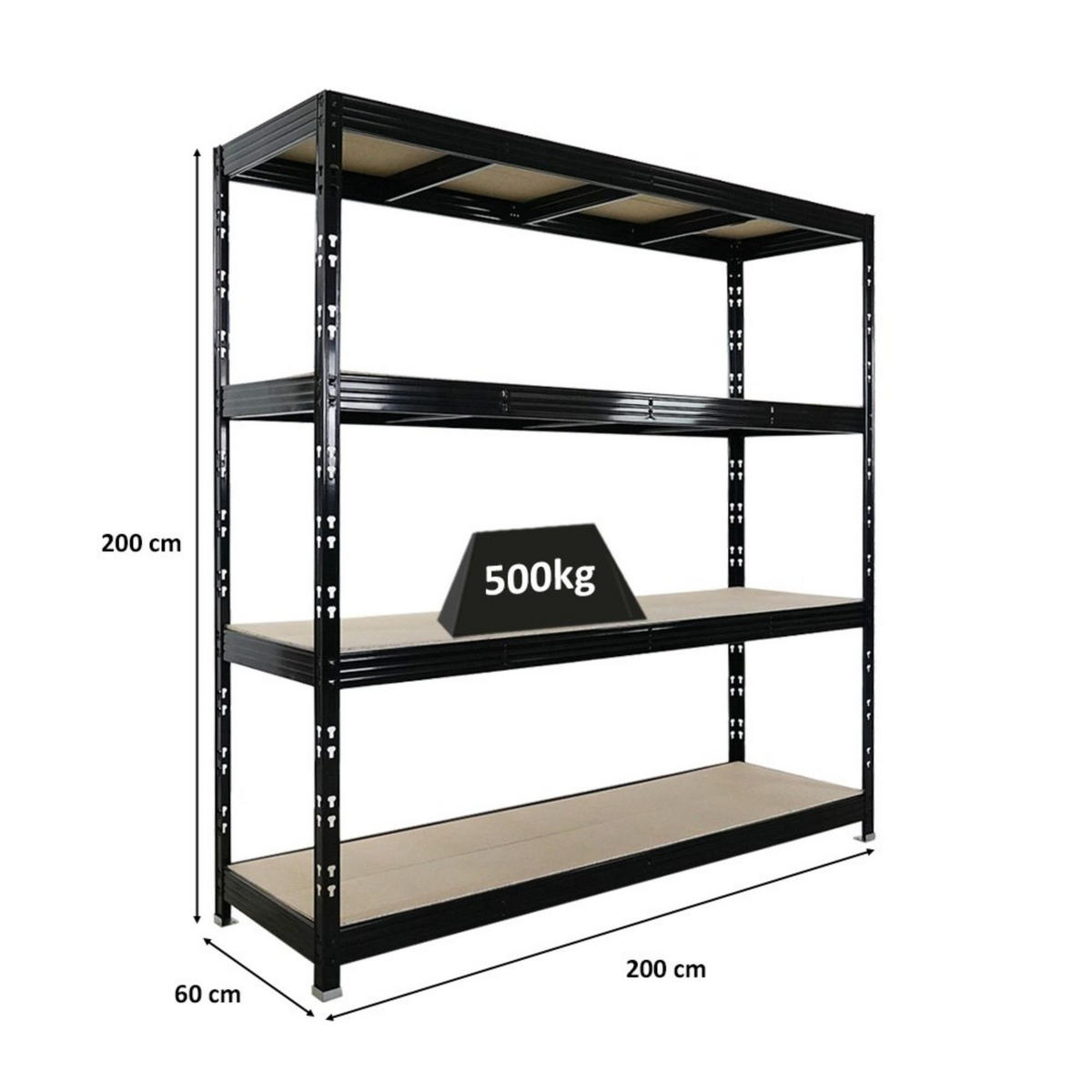 SCHWERLASTREGAL Rhino 200x200x60 cm 4 Spanplatten-Ebenen 16mm Fachlast 500 kg Schwarz - Schwarz, Metall (200/200/60cm) - PROREGAL