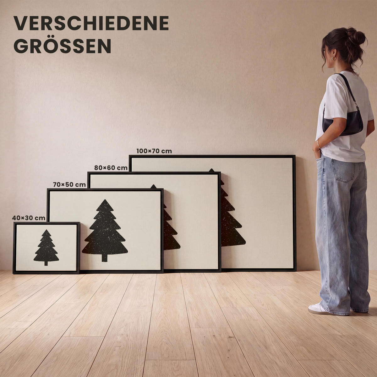 LEINWAND Bilder mit Rahmen - Weihnachtsbaum - Schwarz - Urlaub - Beige - 40x30 - Schwarz, Textil (40/30cm) - MuchoWow