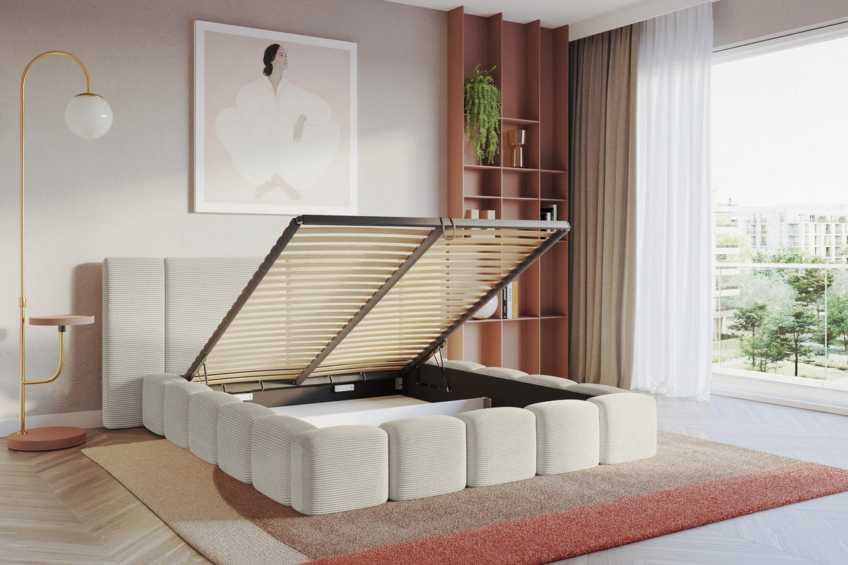 POLSTERBETT mit Bettkasten und Lattenrost, Bett mit Matratze H3/H4 - NILO 140x200 Creme - Cappuccino, Holzwerkstoff/Textil (140/200cm) - ALTDECOR