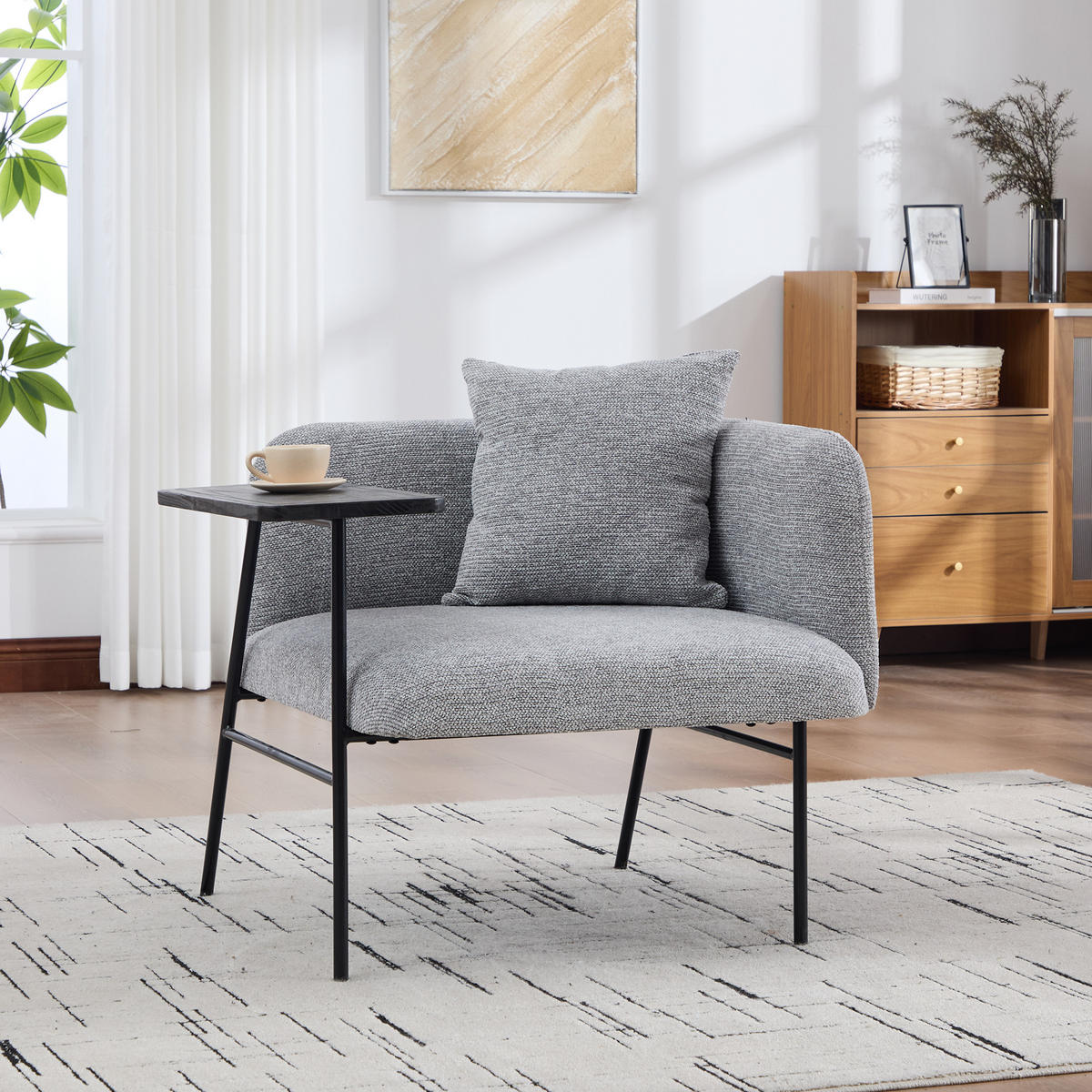 SESSEL Chenille Grau mit Beistelltisch und Seitentaschen - Grau, Textil/Metall (86/71/72cm) - WISHDOR