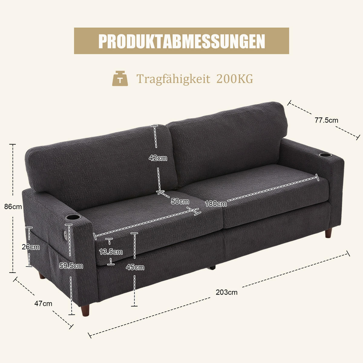 ZWEISITZER Sofa Chenille mit USB-Anschluss LED-Licht und Getränkehaltern 203/77,5/86 cm Dunkelgrau - Dunkelgrau, Textil (77.5/86/203cm) - Redom