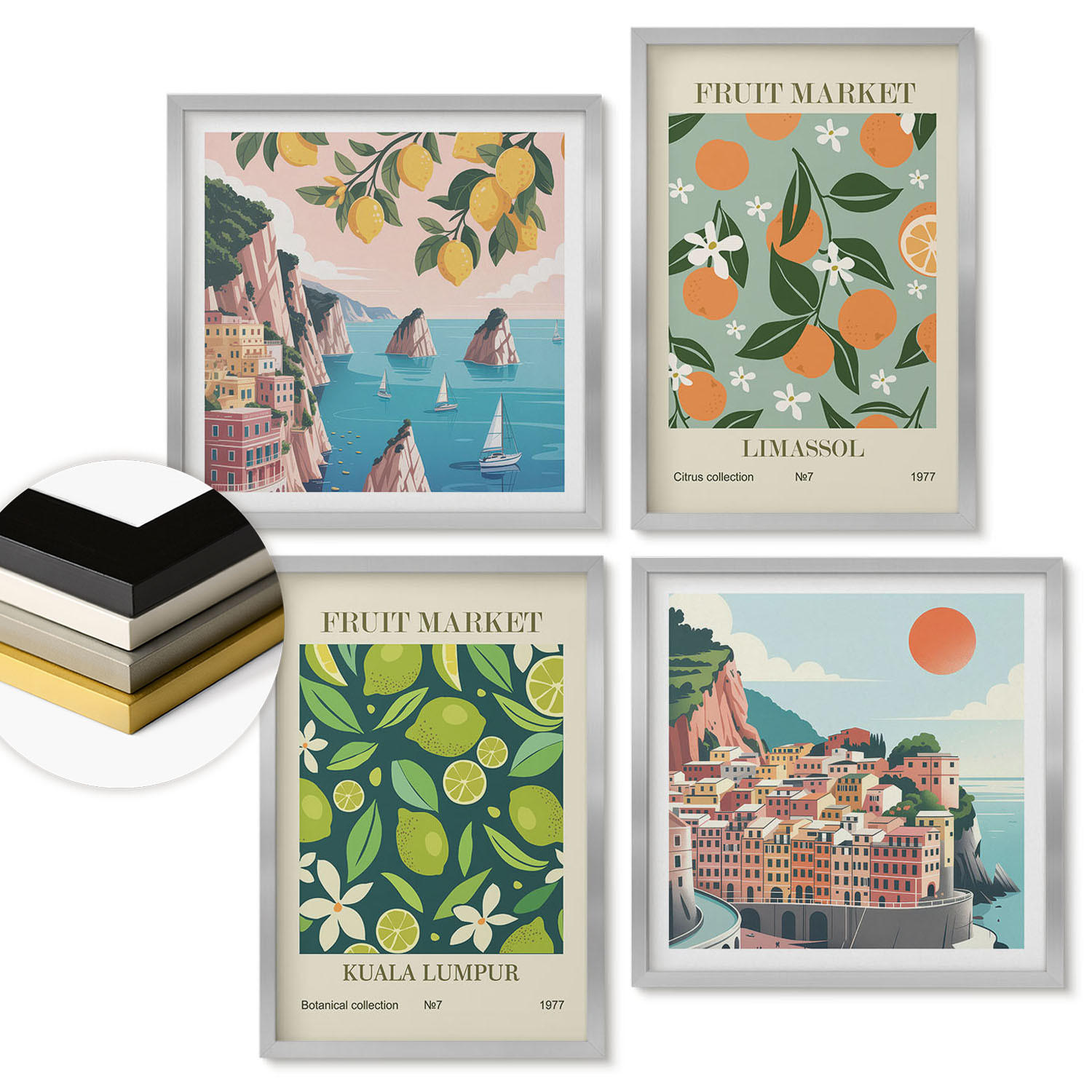 WANDBILDER 4er Set - 50x50 cm & 40x60 cm Silberner Rahmen - Vintage-Poster mit Fruchtmustern - Silberfarben, Kunststoff (50/50cm) - ArtPrintCave