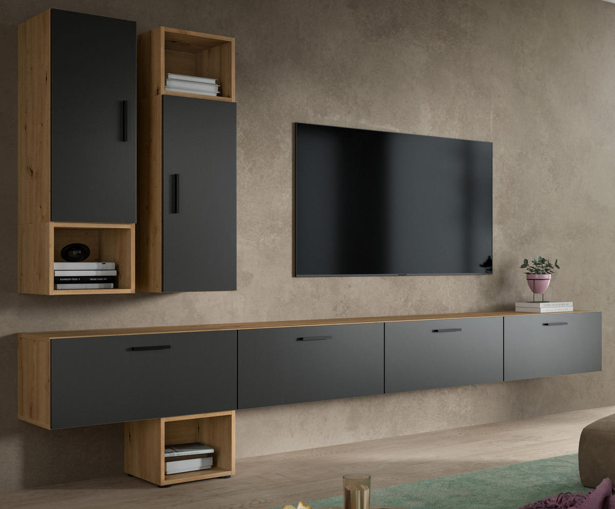 WOHNWAND grau, Eiche Artisan 300 cm, Wohnkombination hängend / stehend - Schwarz/Eiche Artisan, Holzwerkstoff/Kunststoff (300/178/34cm) - Inn.Furn