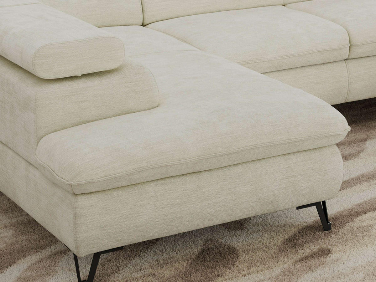 WOHNLANDSCHAFT PABLO U Schenille glatt Creme mit Topper T25 - Creme/Schwarz, Textil/Metall (346/76/208cm) - MKS