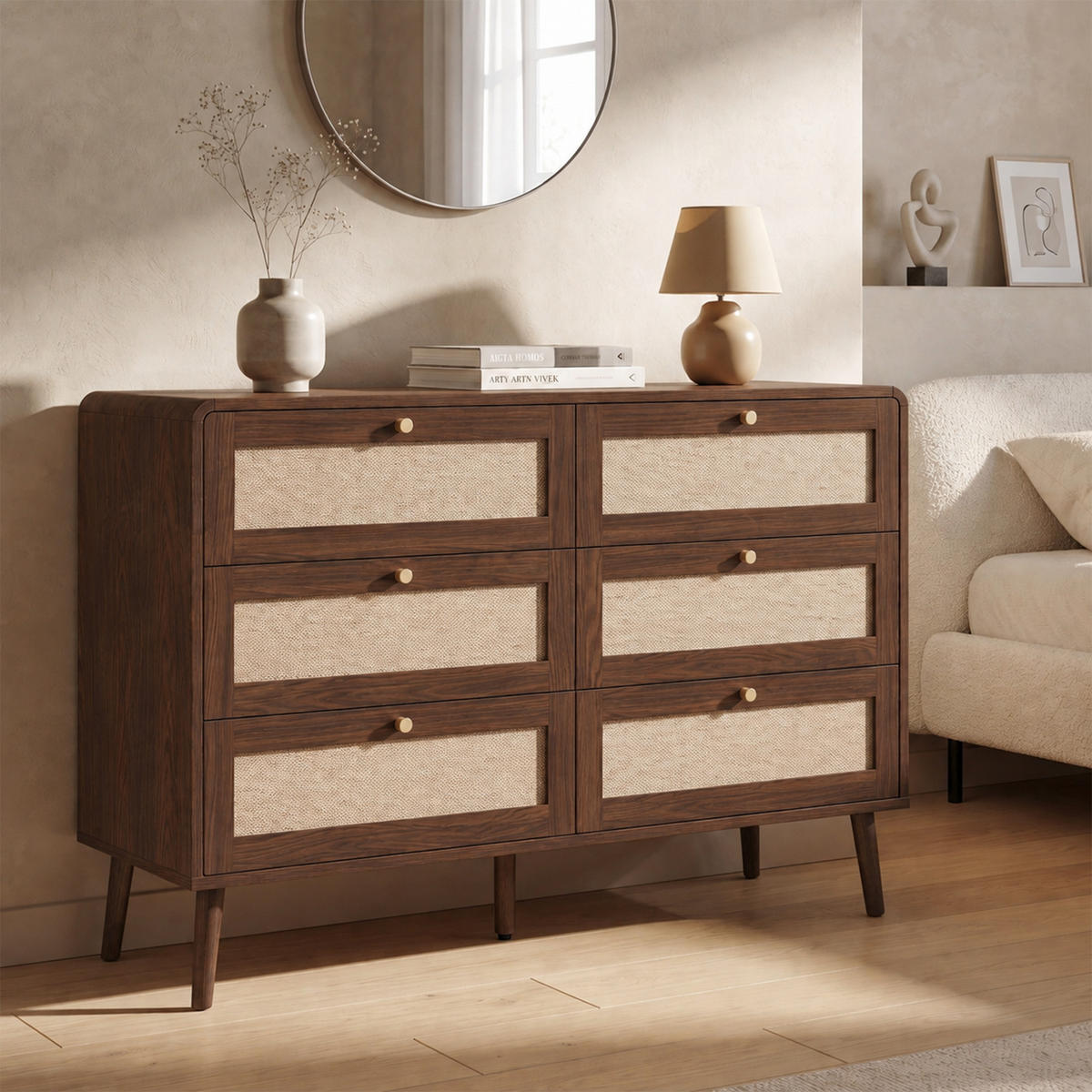 KOMMODE 120cm Walnuss mit 6 Schubladen und Rattan - Walnussfarben, Holzwerkstoff (120/80/40cm) - FLIEKS