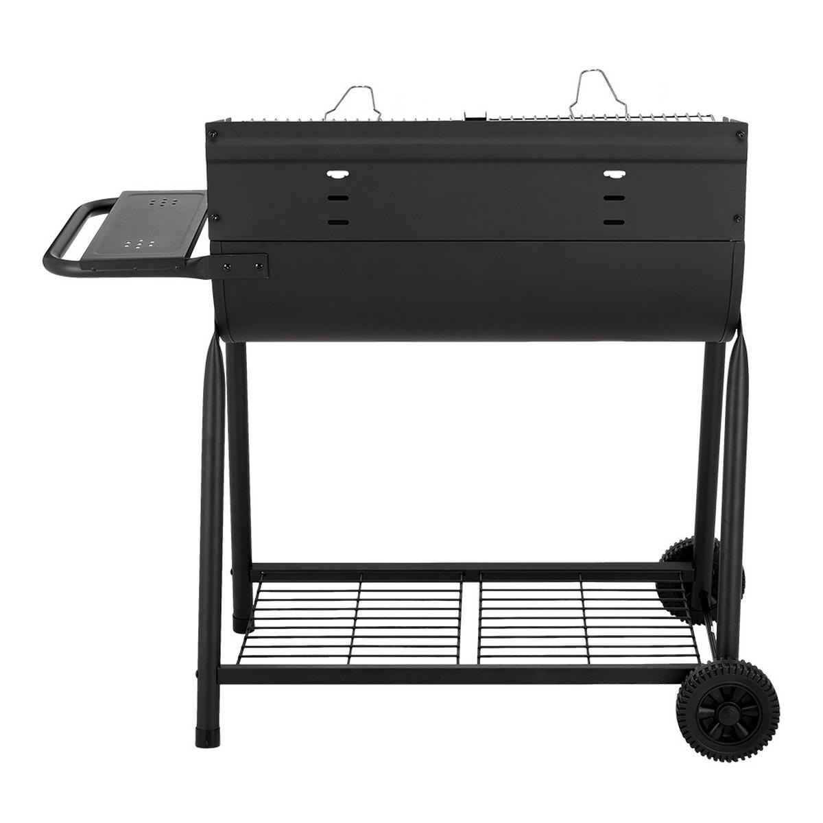 HOLZKOHLEGRILL Carbonstahl mit Rollen aus Kohlenstoffstahl in Schwarz langlebig & hitzebeständig pulverbeschichtet mobil 107,5 x54,5 x93 cm 15 kg - Schwarz, Metall (54/93/107cm) - Livingandhome