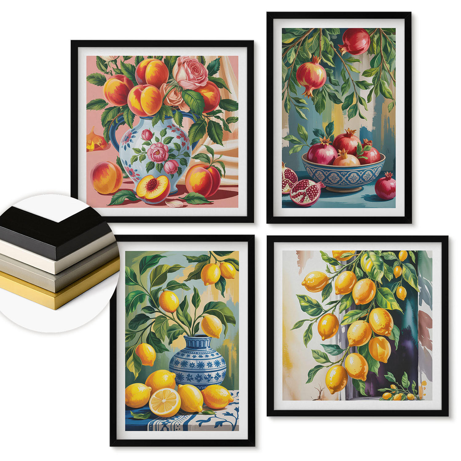WANDBILDER 4er-Set - 50x50 cm & 40x60 cm Schwarzer Rahmen - Fruchtzusammensetzungen - Schwarz, Kunststoff (50/50cm) - ArtPrintCave