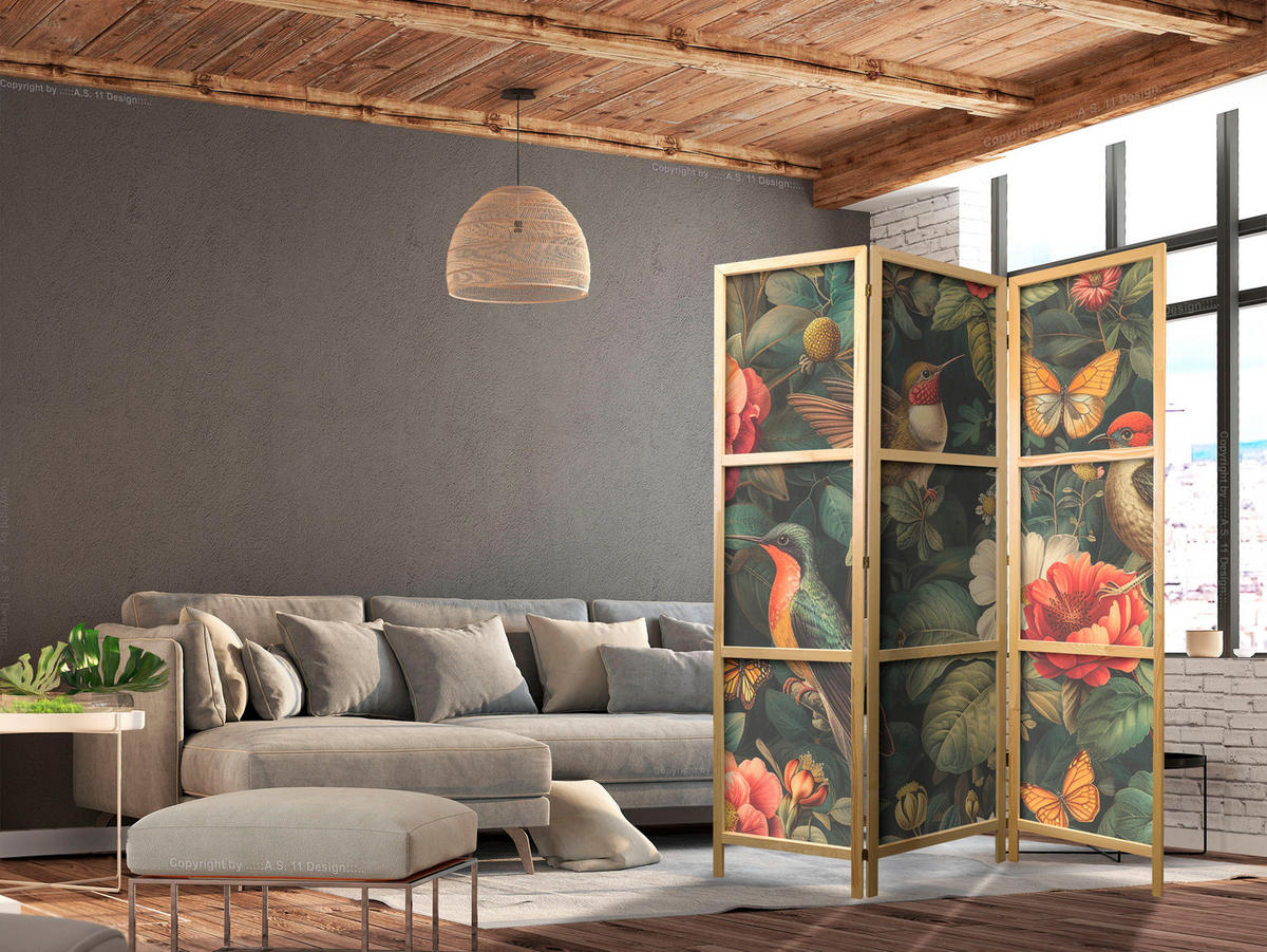 PARAVENT Japanischer 3-tlg 135x172 cm Blumen Und V gel - Multicolor, Holz/Textil (135/172/3cm) - Muralo