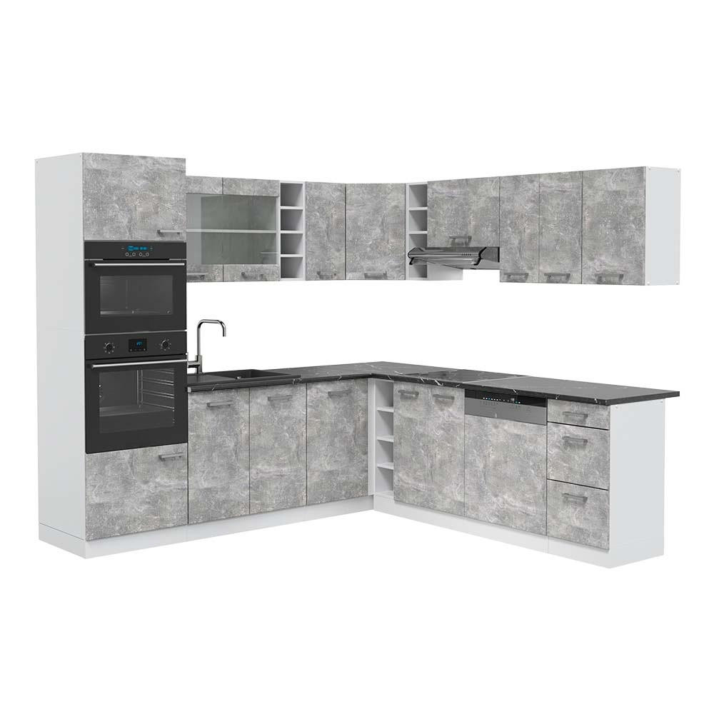 ECKKÜCHE R-Line, Beton/Weiß, 247 x 237 cm, AP Anthrazit - Weiß/Grau, Holzwerkstoff (247/81.6/60cm) - Vicco