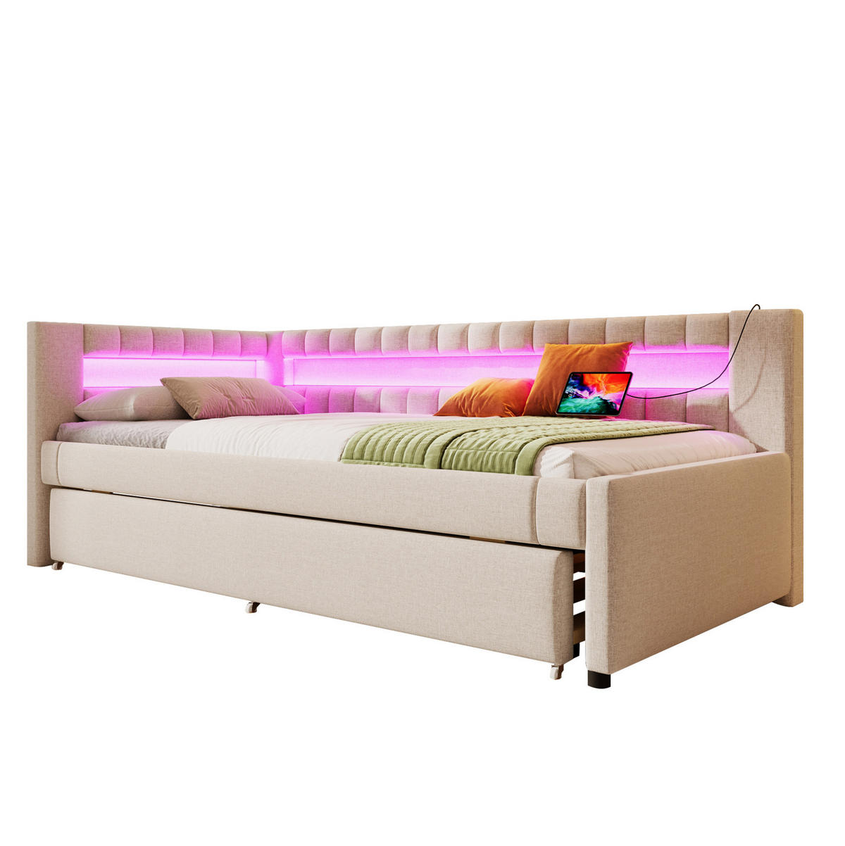 POLSTERBETT 90/200 cm aus Leinen mit LED-Beleuchtung und USB- und Type-C-Anschlüssen - Beige, Textil (90/200cm) - Flora Grace