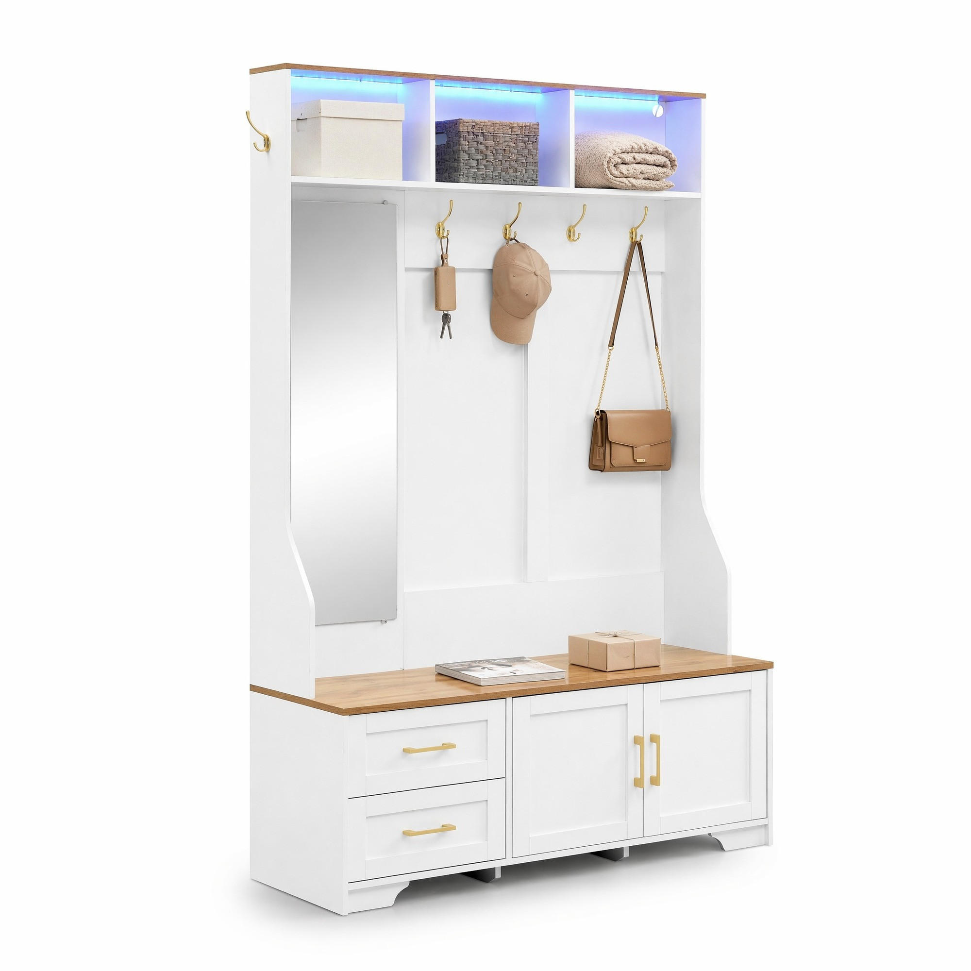 GARDEROBENSCHRANK mit LED und Spiegel 120 x 40 x 187 cm MDF Weiß/Holzoptik - Weiß, Holzwerkstoff (40/187/120cm) - Beauniv