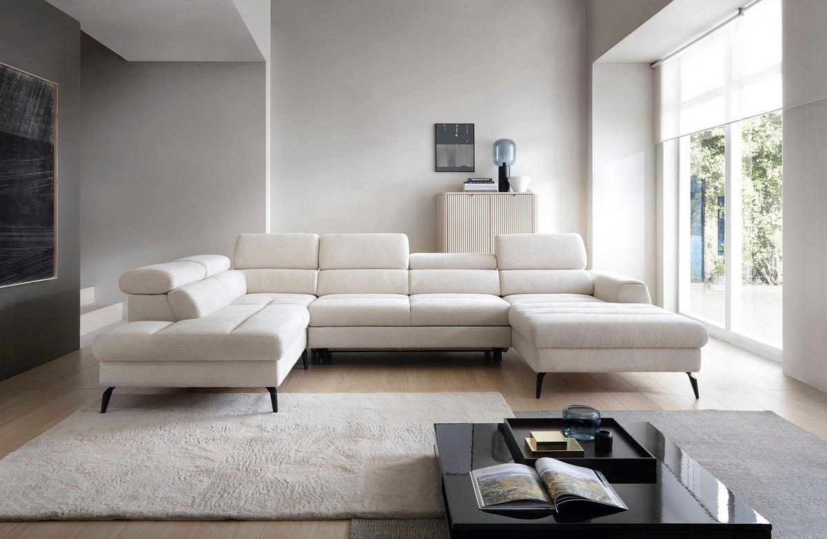 WOHNLANDSCHAFT NOTE Creme Chenille mit Schlaffunktion - Creme, Holz (345/93/257cm) - MASSENO