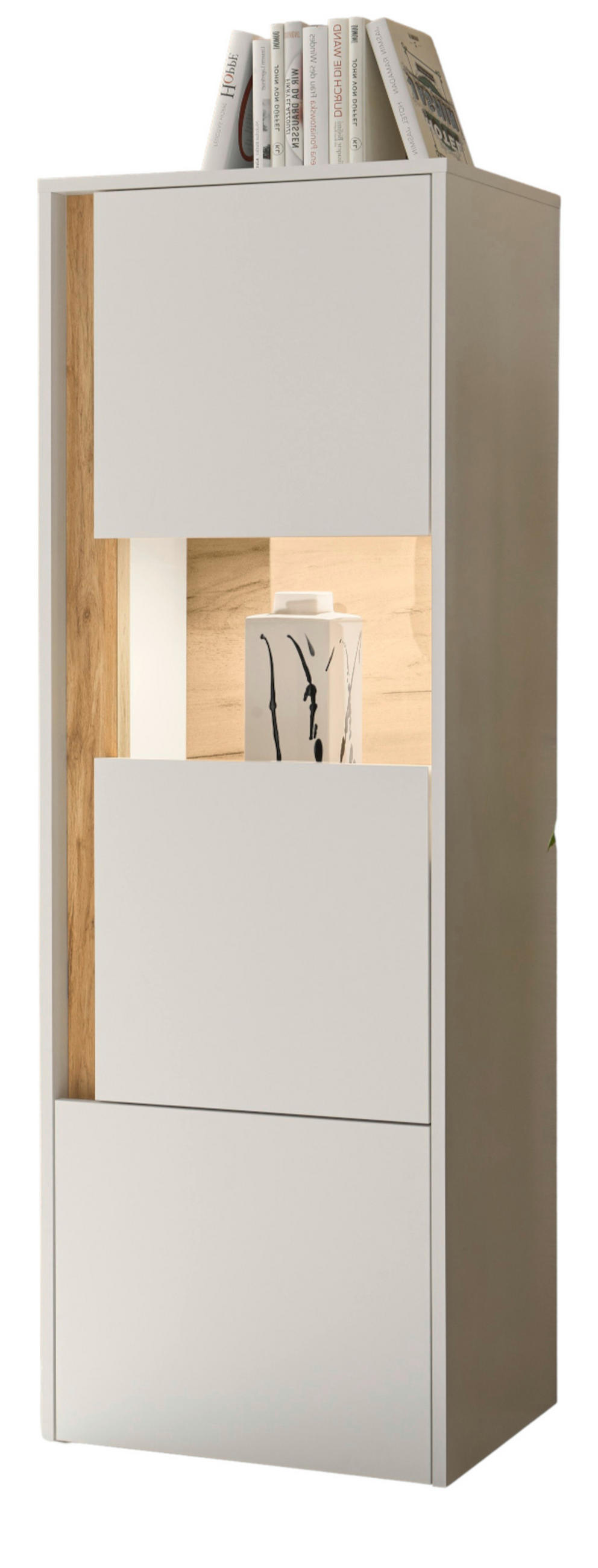 VITRINE weiß, Eiche Wotan 50 x 155 cm, Vitrinenschrank mit 4 Fächern - Eiche Wotan/Schwarz, Glas/Holzwerkstoff (50/155/40cm) - Furn.Design